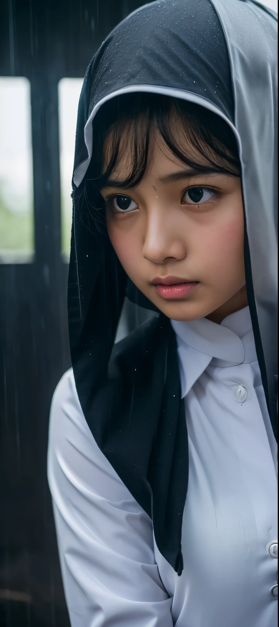 1girl, long black jilbab syar'i, uniform, shy, blush, wet, rain, transparent, ((medium breast 1.5)),((indonesian girl)), (masterpiece, best quality), soft light, cinematic composition, cinematic light