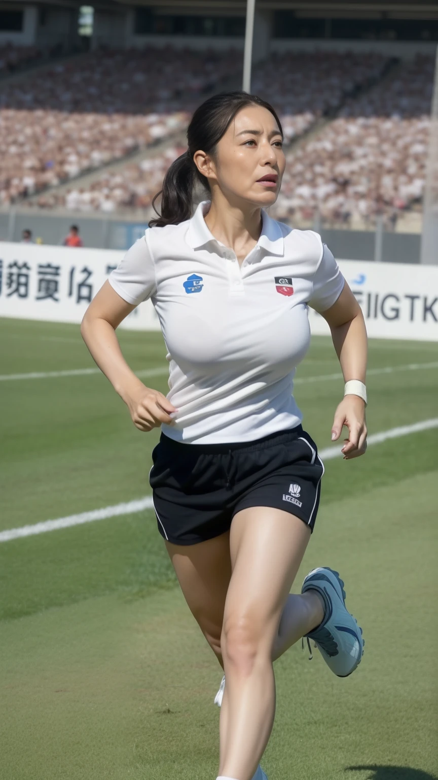 NSFW, ((highest quality)), ((8K)), ((masterpiece:1.3)), (become familiar with), (cinema quality), ((rugby field)), (Sports Stadiums), The green grass is beautiful, Japanese female referee, The contrast between the natural light shining in and the shadow created by the studio roof, (芝生のコート上でRun:1.2), (black collared short sleeve polo shirt:1.2), (black polo shirt), Sponsor logos on both chests:1.6, ((black shorts)), ((black knee socks)), shoes with spikes, (has a whistle in his right hand:1.6), long hair, Hair tied up in a ponytail, (ポニーテールに束ねた髪を靡かせRun:1.6), perfect appearance, 32 years old, married woman, (trained thigh muscles), ((swollen thigh muscles)), tanned skin, facial wrinkles:1.2, wrinkles around the eyes, tear bags around the eyes, double eyelid, Crying mole under left eye, face is looking to the side, (横を向きながらRun:1.2), hall々expression, (big breasts), big breasts, (揺れるbig breasts:1.8), hard nipples, whole body, (Sweat soaks my face and arms), (Run:1.6), (Perspective looking up from the feet), (I can see the players around me.:1.1), (Audience stand towards the back),