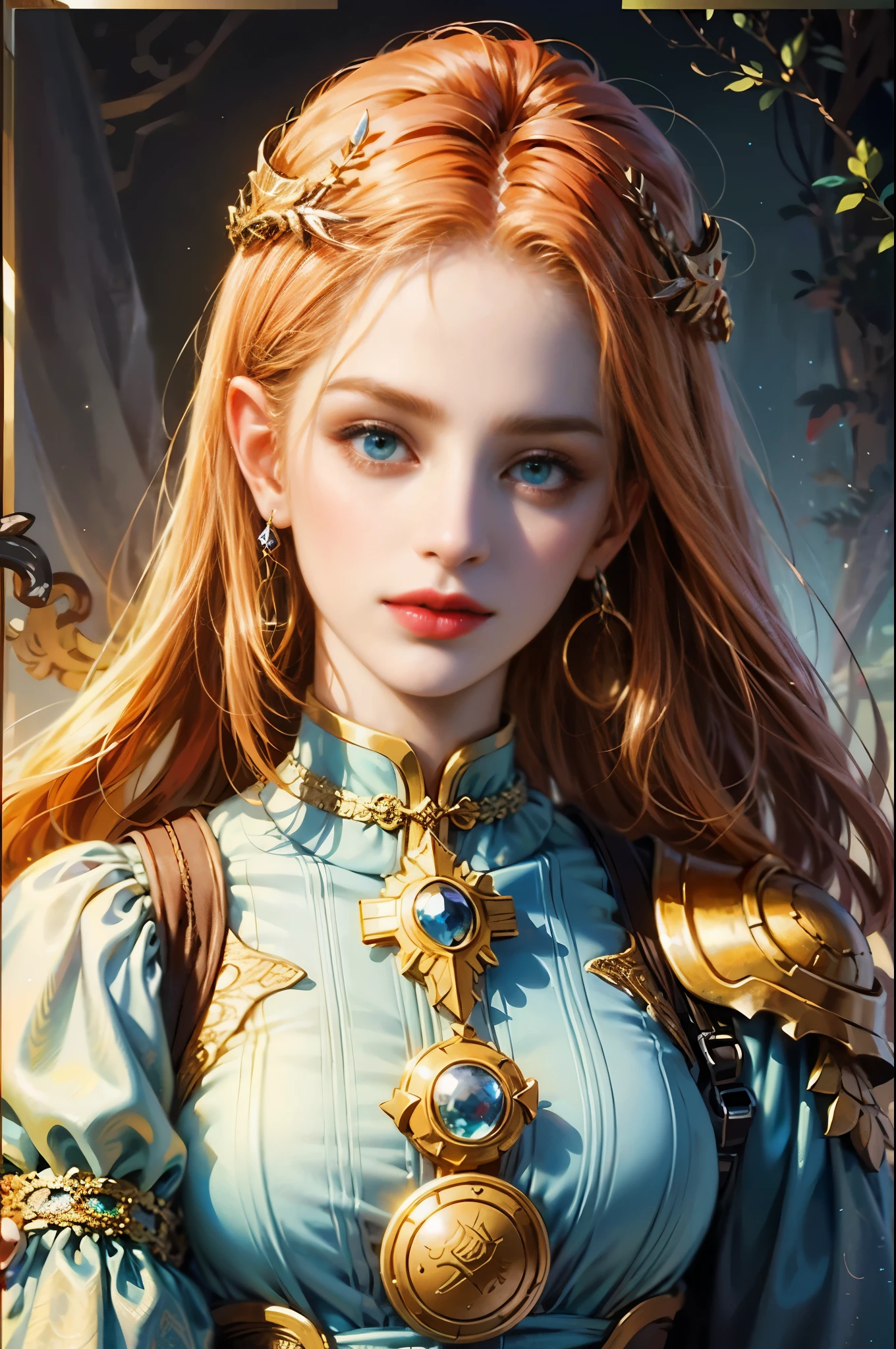 a woman with long red hair wearing a blue dress and gold jewelry, beautiful character painting, portrait knights of zodiac girl, fantasy art style, a beautiful fantasy empress, portrait of an elf queen, hyperdetailed fantasy character, ((a beautiful fantasy empress)), beautiful and elegant elf queen, 8k high quality detailed art, detailed fantasy digital art, beautiful fantasy art portrait