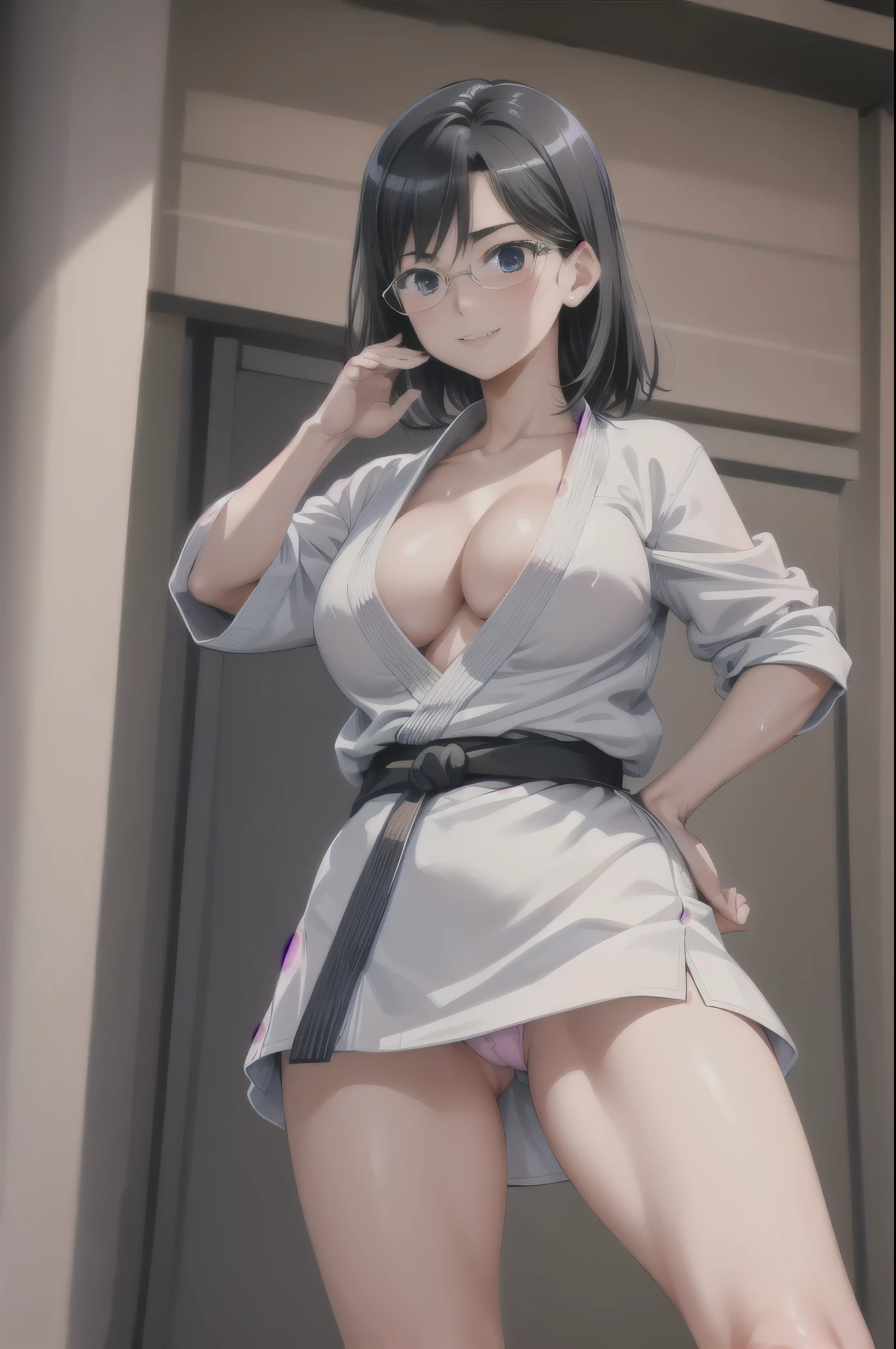 1girl,18yo,perfect hands, perfect finger,perfect anatomy, masterpiece, best quality,realistic, hyperrealistic, 16k hdr,, aamii, short hair, black hair, blue eyes, glasses,(karate gi,:1.2),(no pants,no bra,cleavage:1.1),(micro panties:1.1),(sweat:1.1), (judo hall:1.2),(red blush,smile),(dynamic pose:1.2),dynamic angle,from below,cameltoe,show off panties