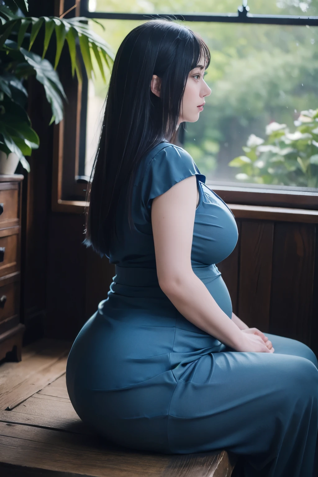 Photorealistic Production, One Person, Realistic Image of a Gorgeous 25 Years Old lady, (huge boobs:1.2),  gigantic , (huge pregnant) , blue dress,short sleeves,Pale Skin, Waist-up Shot, (Blue-Rose:1.2), Blue-Rose Garden, From Front Shot, Cinematic Shot, and Lighting, Perfect Human Anatomy, Intricate Hand Details, Sharp Focus, Ultra Detailed, Taken with DSLR camera, Depth of Field, Incredibly Realistic Environment and Scene, Master Composition, and Cinematography sitting, from behind,