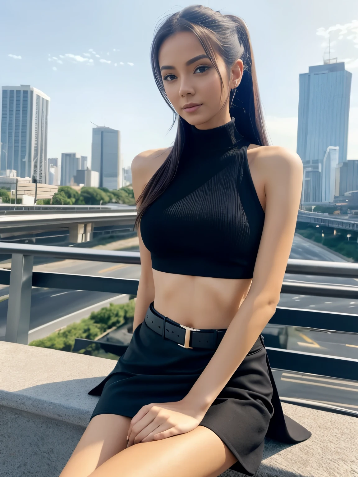 young woman 25 years old (pretty, petite: 1.3), slender, bare shoulders, slim waist, belly, wide hips, porcelain glowing skin, miniskirt, wide belt, black bright very long hair, cascading ponytail, sleeveless, futuristic urban background, bridge, sitting on a wide stone parapet of bridge, looks thoughtfully into the distance, raised footpaths, high-speed roads, flying machines in the sky, intricate high-rise buildings (detailed realistic background:1.2), (art, beautiful and aesthetically pleasing:1.3), high depth of field, wide angle