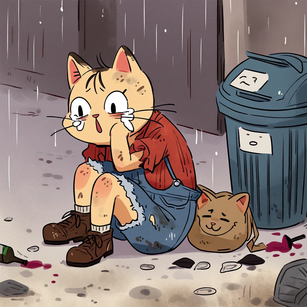 cartoon illustration，simple，rainstorm，Depicting an anthropomorphic cat，solo，Dirty，eyes dull，Listless，Malaise，decadent，crying emoticon，Loose ripped denim ripped overalls overalls，red linen shirt，Tattered leather shoes，There is a big bag next to you，Sitting next to the trash can on a dirty street corner，Many broken wine bottles around，Dirty environment，correct human anatomy