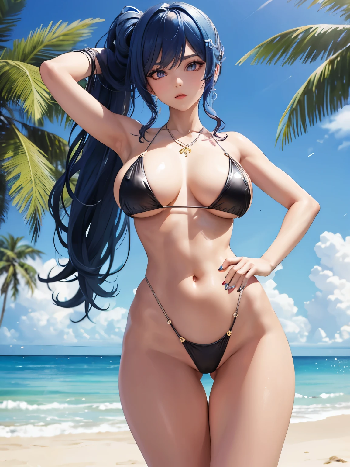 a anime girl in a bikini posing on a beach with palm trees, perfect body, sexy girl, beautiful body and face, sexy body, with beautiful exotic, beautiful anime girl, gorgeous bikini model, jaw-dropping beauty, japanese goddess, beautiful body, attractive body, perfect body and face, sexy hot body, great body, anime girl, brown hair and a perfect body, sexy pose, with big blue eyes, Back and bottom turned to the camera, head turned to the camera