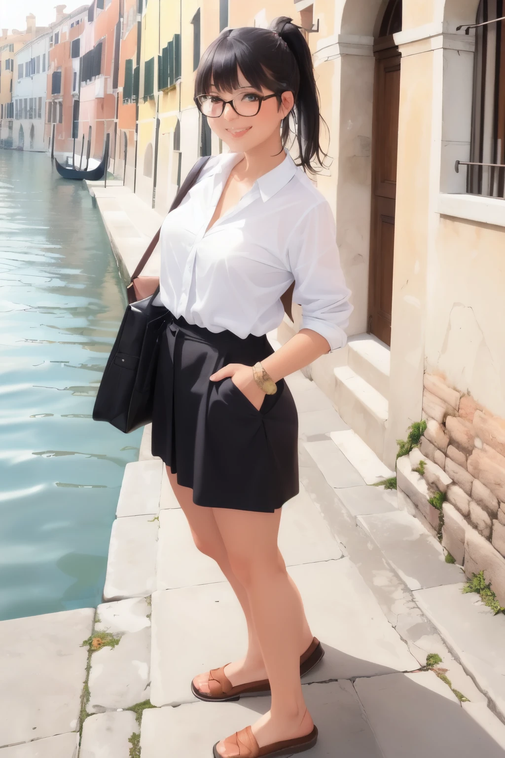 ((Wide Angle, Full Body)) Beautiful female tourist, black hair tied in a ponytail, bangs, wearing large glasses, smiling at the corners of the mouth, ((wearing a preppy style outfit)) morning light, Venice, Italy