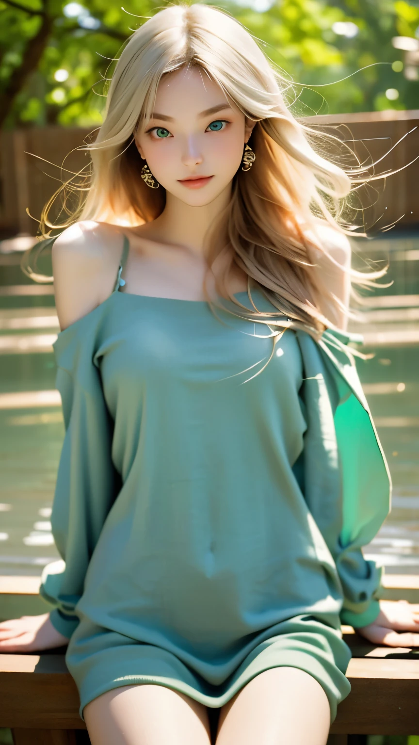 Cute 18 year old woman in Europe、perfect anatomy、correct depiction of the human body、(((adult charm)))、(((attractive light green eyes)))、natural look、Attractive silver hair、beautiful eyes、(((perfect beauty)))、Silky ash blonde、slender body、attractive breasts、smooth lips、thin eyebrows、straight hair、Attractive and beautiful dresses、Natural light、(((No makeup)))、cute pose、earrings、blurred background、outdoor、(((Expression of complex beauty)))、50MM lens、Photographed by a professional photographer、Portrait、pull photo