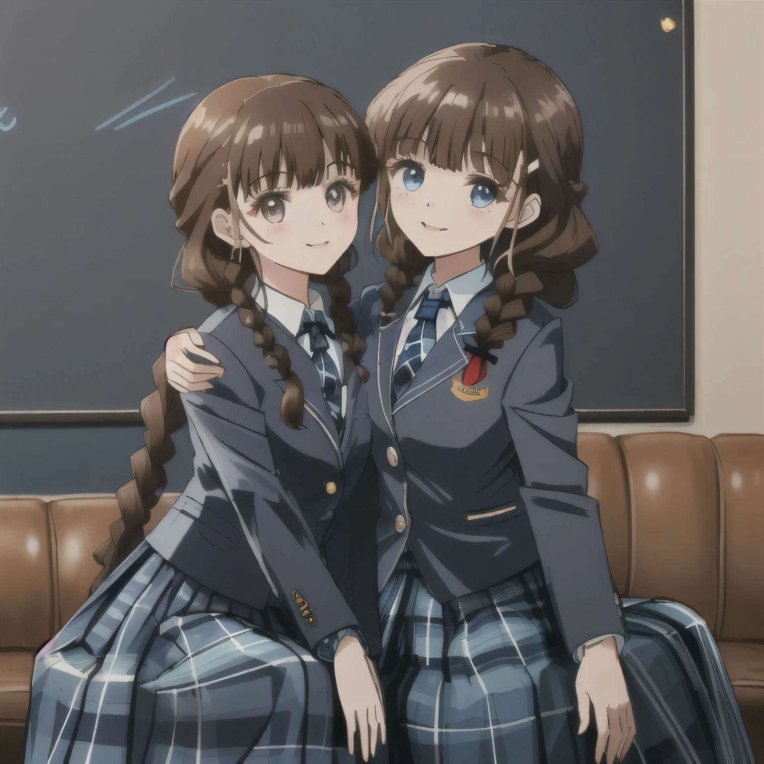 highest quality, (masterpiece:1.2), very detailed, Very beautiful portrait, amazing digital paintings, Only one girl sitting、Looking at the viewer and smiling, Glossy lips that make you want to kiss, nice smile, big brown eyes, (((dark brown hair))), , long braids, big shiny hair clip, , ((((濃紺 blue blue school blazer with emblem))), ((Japanese-style school ribbon with a large navy blue stripe on the chest)), very shiny hair、laughter、bright look、Both face and hair catch the light and shine, The corners of the eyes are drooping, Cute braids, The expression of a maiden in love, (((Dark brown twin tight braid hairstyle))), ((((dark dark blue blue & Deep navy navy color tartan check middle long skirt)))), A gentle and cute expression staring at the viewer, double eyelid, ((long eyelashes)), round face, the skirt is very cute,