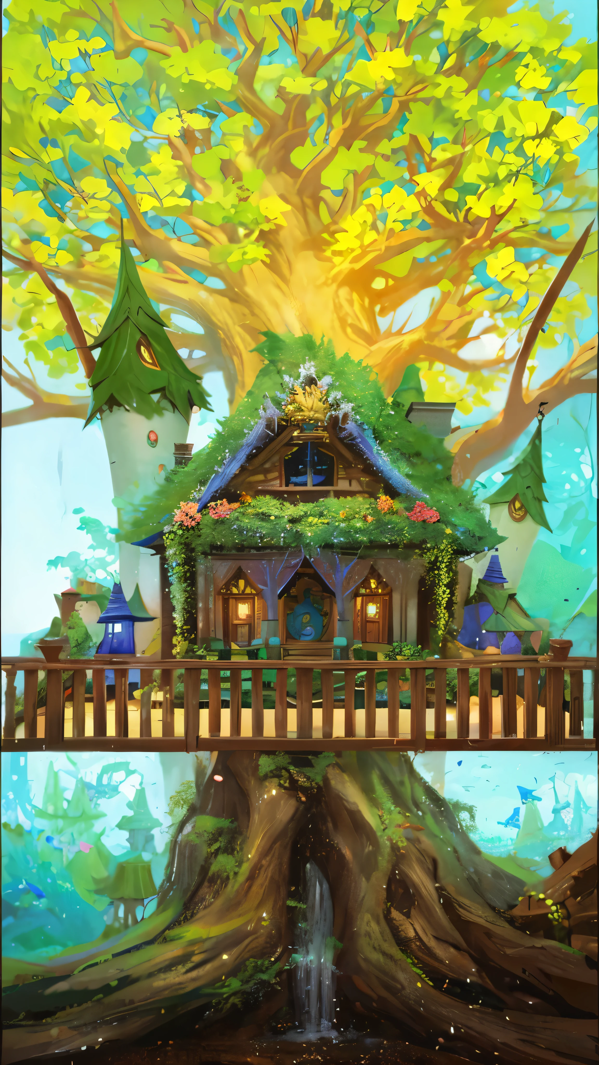 bright, (((cartoon style))), on a large green tree in the middle there is a wooden house with a balcony, fantasy (background), fantasy art, the forest, Blue sky, 
massive and tall tree trunk, Magical landscape, fantasy, No Man, illustration for children, fantasy art, masterpiece, detailed, difficult, 4K, art