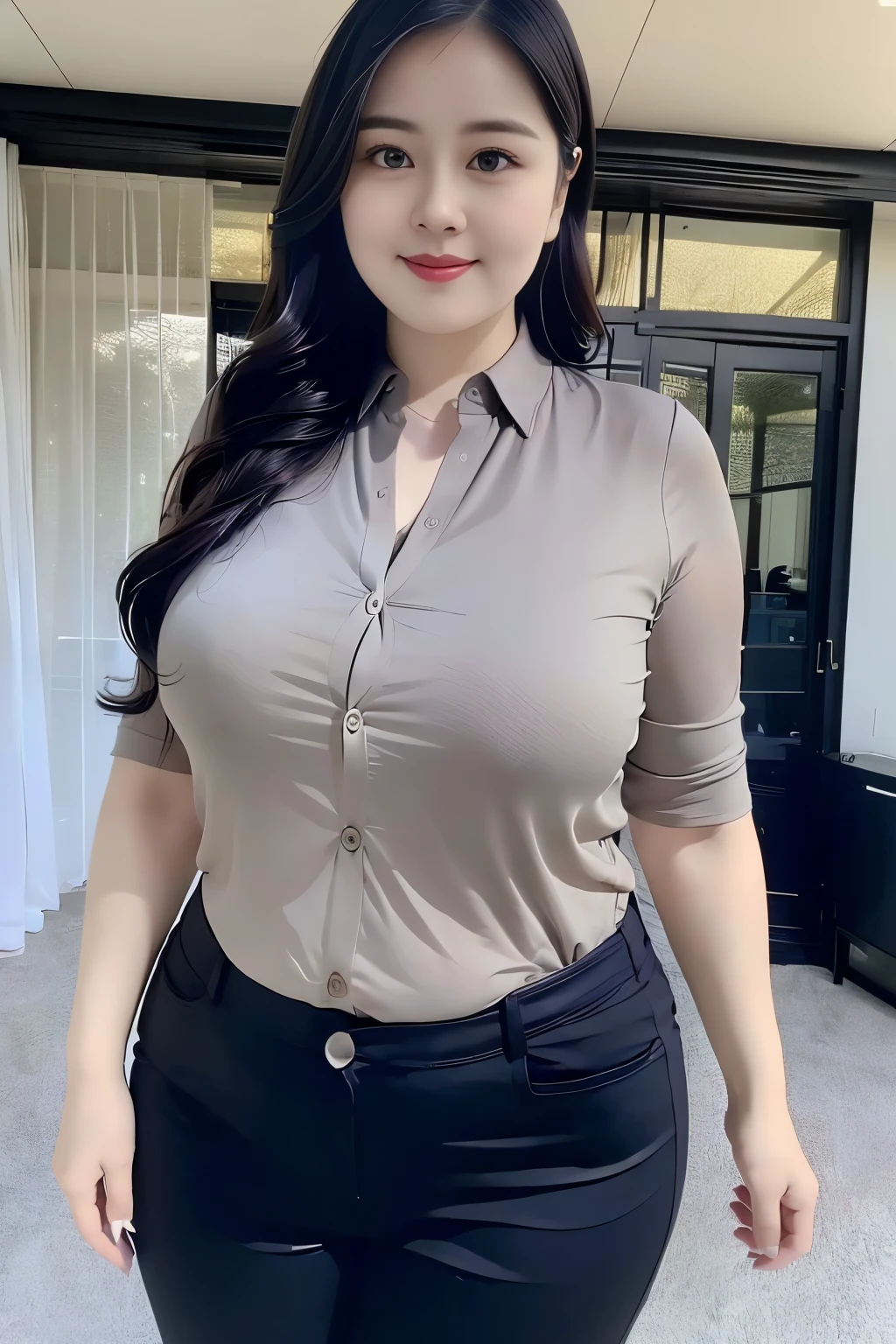 ((top quality、8k、masterpiece:1.3))、sharp focus, High level of image quality, high resolution，Draw lips correctly, red lipstick, from chest up, best quality, Super detailed, lifelike, Super fine skin, perfect anatomy, (Chinese women), (alone)shirt，Buttons clearly visible，The buttons are all buttoned，gray pants，。40 year old female，adult，charming smile，Chubby face，Round cheeks，
，Fat face，Chubby round face，big eyes，wavy long hair，Big breasts，Chubby body，black shoes，Leg length，Calves visible，stand，stand up，indoor background