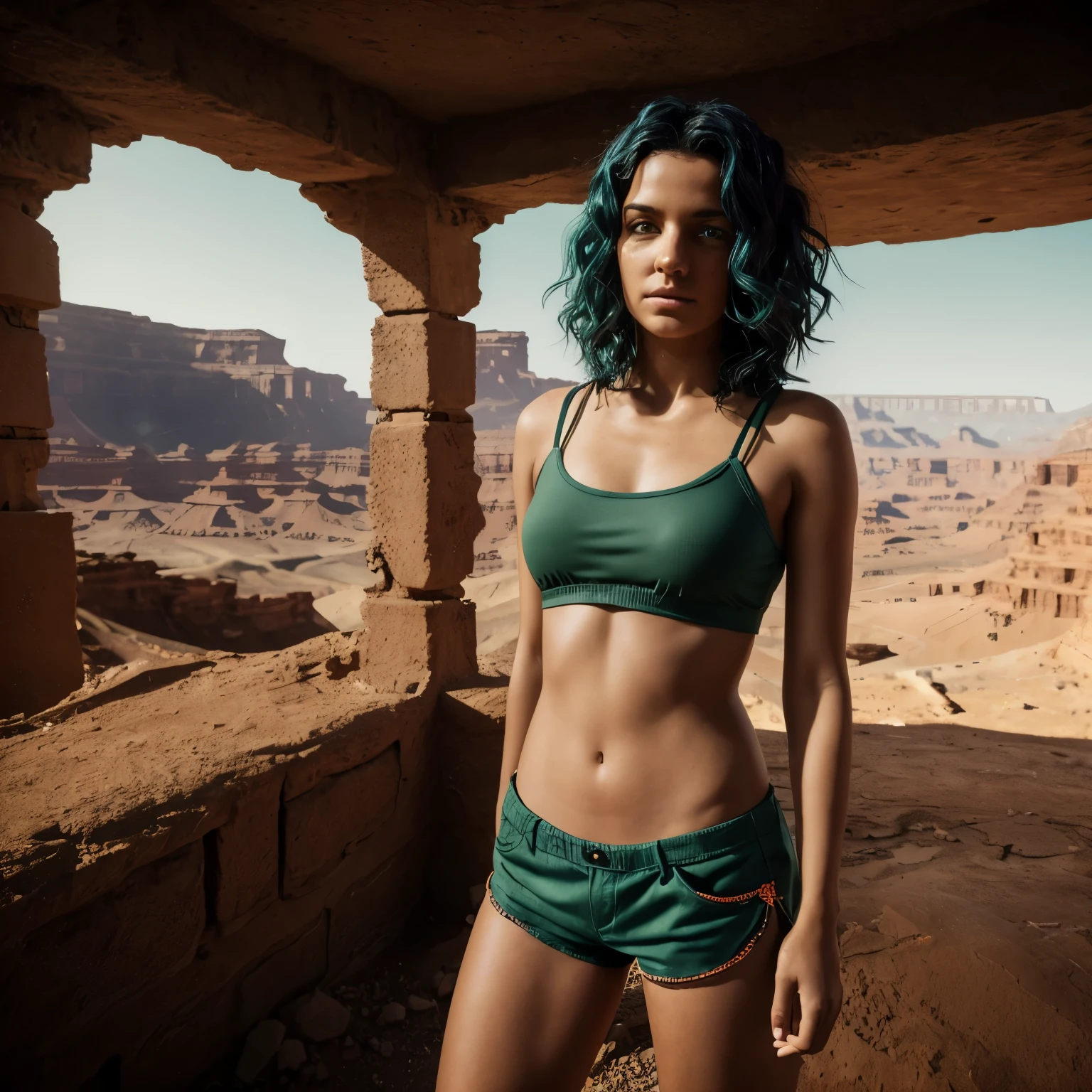 (Bright shot: 1.3), epic realistic, yellow eyes, girl raider, (one girl), out of top, undress, wavy hair 1.4, (dark blue hair), short hair, dark blue and orange color scheme, (light green shorts), aesthetics of wasteland and canyons!!! in ruins, soft cinematic light, Adobe Lightroom, darkroom, HDR, intricacy, green bracelets on the arms, straps from red thrings over transparent fabric at the waist