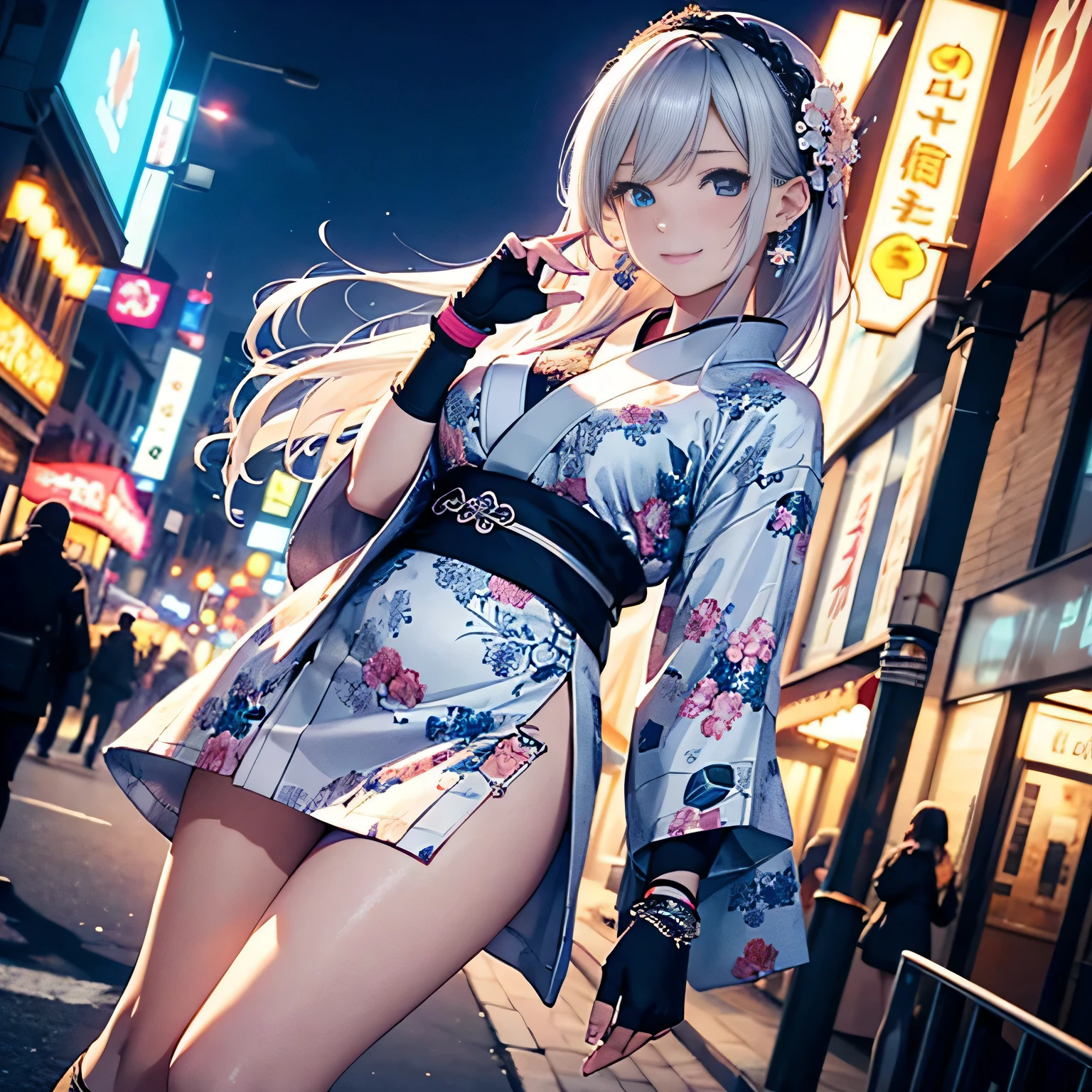 dynamic angle, (1 girl), ((masterpiece:1.4, highest quality)), ((masterpiece, highest resolution)), (beautiful illustrations),(Beautiful semi-long silver hair),cute office lady, (Elegant kimono with floral pattern), (looking at the viewer),
innocent smile, white over knee high,lace chalk, Wristband, fingerless gloves, over knee high,
lace chalk, diamond necklace,Wristband, fingerless gloves, earrings, the wind is strong,cinematic lighting, red light district,night, neon,