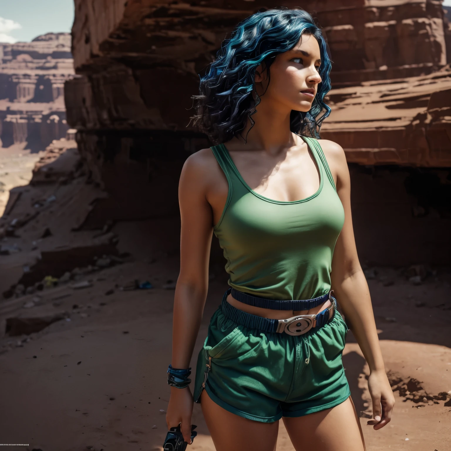 (Bright shot: 1.3), epic realistic, yellow eyes, girl raider, (one girl), out of top, undress, wavy hair 1.4, (dark blue hair), short hair, dark blue and orange color scheme, (light green shorts), aesthetics of wasteland and canyons!!! in ruins, soft cinematic light, Adobe Lightroom, darkroom, HDR, intricacy, green bracelets on the arms, straps from red thrings over transparent fabric at the waist
