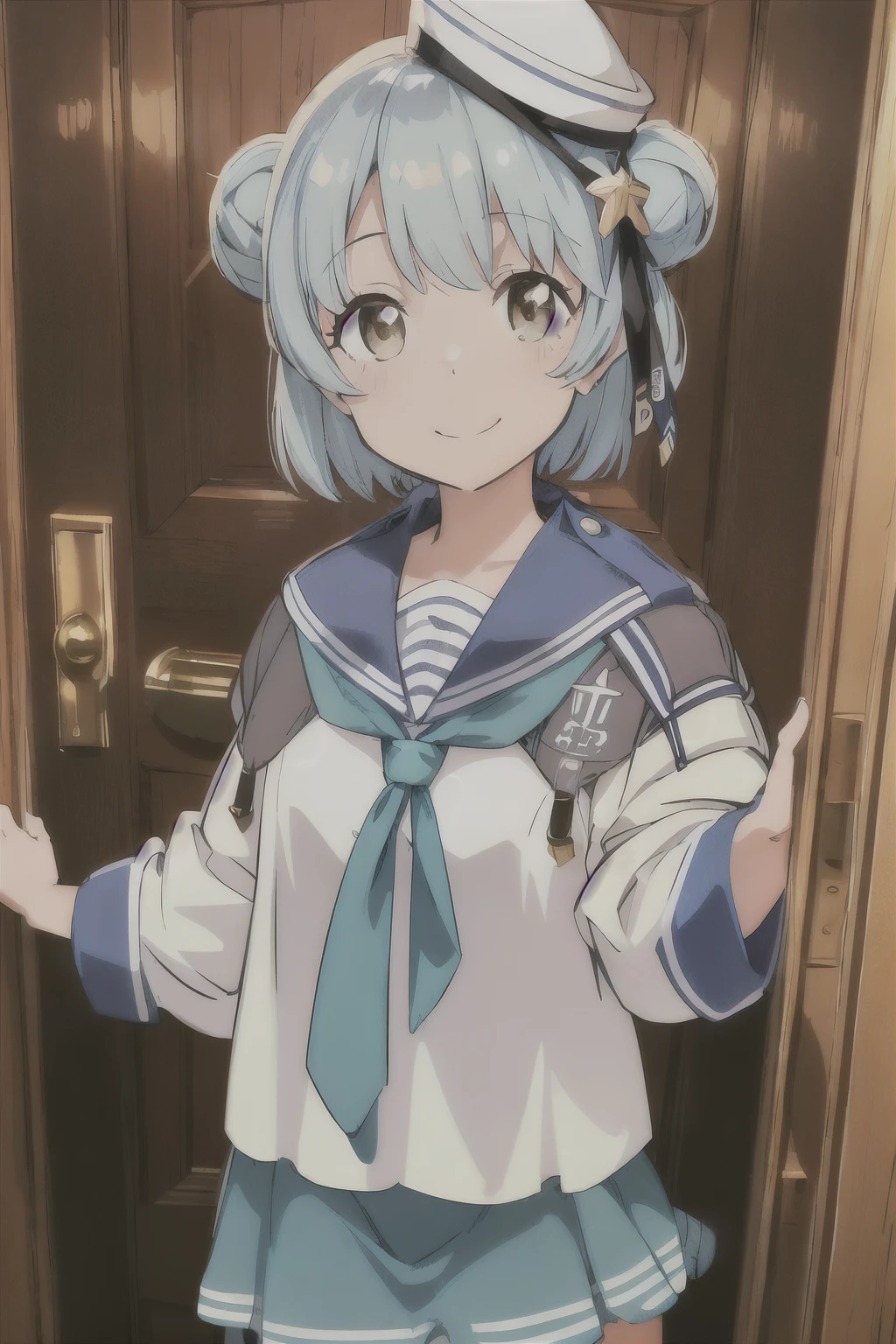 masterpiece, highest quality,
1, alone,
show one&#39;s upper body, wooden wall, open the door, 
smile,
Samuel KC,
serafuka, long sleeve shirt, cuff, aqua pleated skirt, mini skirt, blue sailor collar, Aquaneckerchief, dixie cup hat, Comes with a ribbon, star symbol (Comes with a ribbon),
