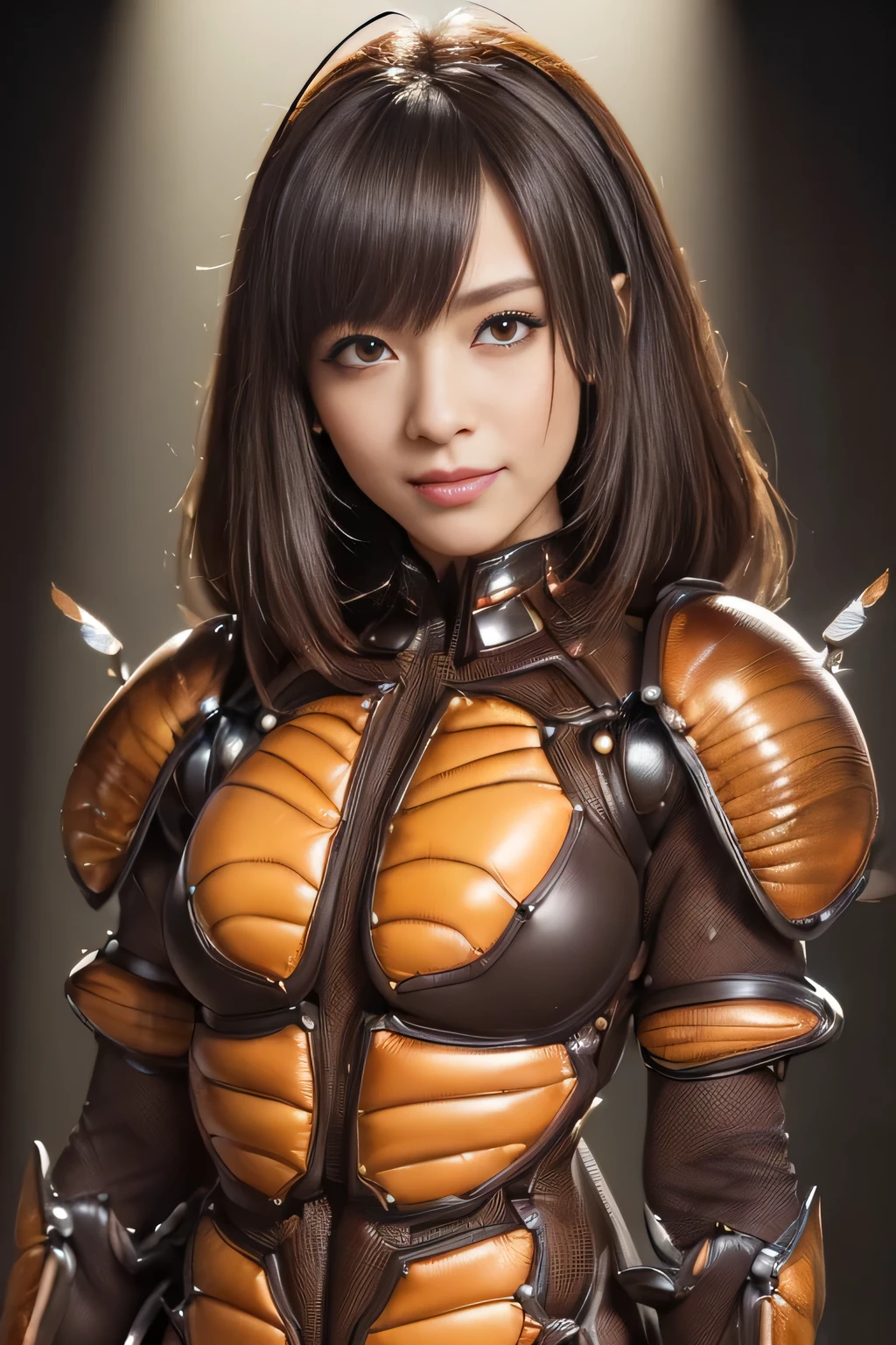 (High resolution,masterpiece,highest quality,Very detailed CG, anime, official art:1.4), realistic, photograph, amazing detail, everything is complicated, shiny and glossy,Amazing number of layers, 8K wallpaper, 3D, sketch, cute, figure,( alone:1.4), perfect female proportions,villain's daughter, (Fusion of dark brown cockroach and lady:1.4), (brown cockroach woman:1.2), (brown cockroach woman:1.2), (Fusion:1.2), (alone:1.4), (evil smile:1.2), muscular, abs, (Cockroach brown exoskeleton bio insect suit:1.4), (Cockroach brown exoskeleton bio insect armor:1.2), (brown transparent cockroach feathers:1.4), (Antennae of brown cockroaches:1.3),