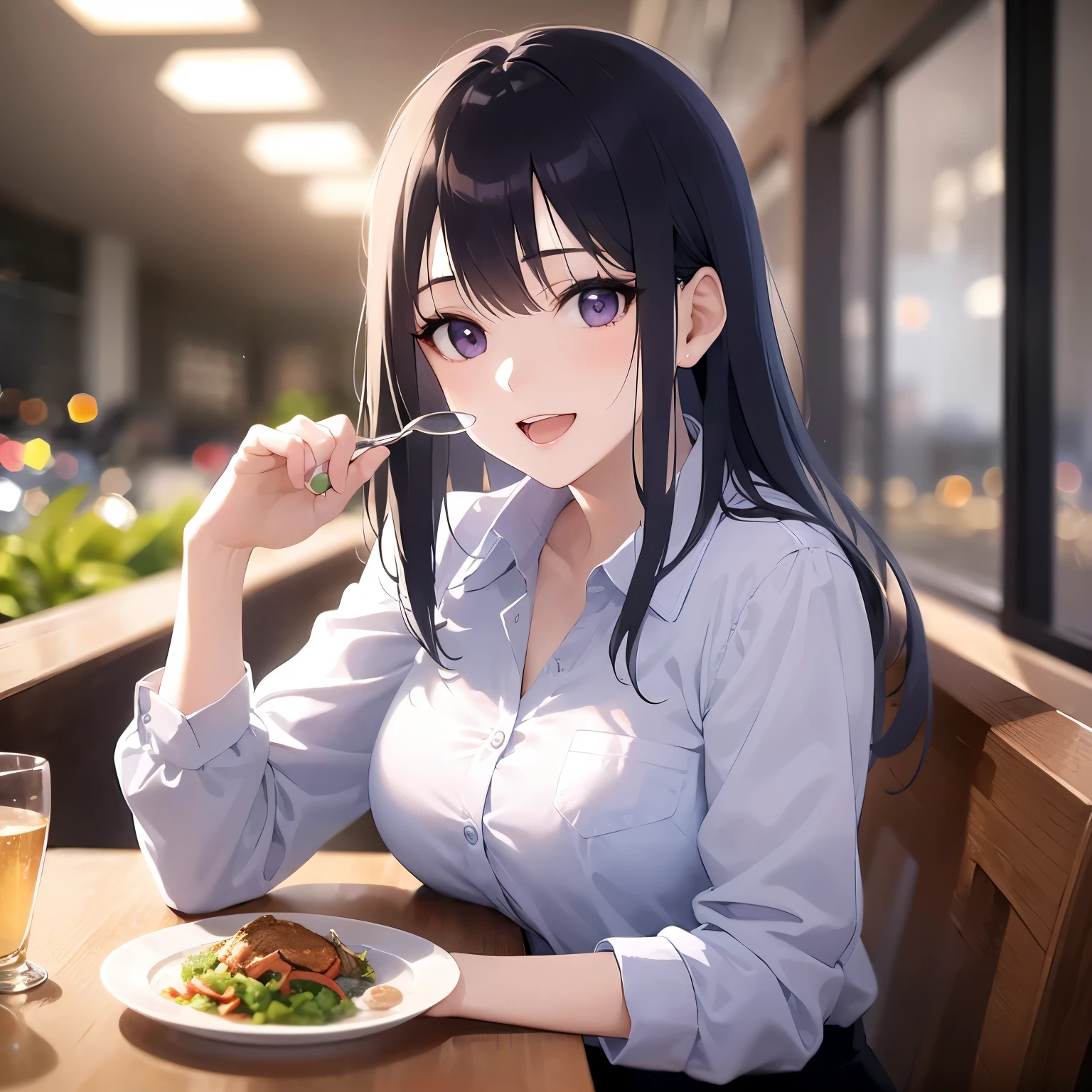 Realistic, real person, (pale skin: 1.2), RAW photo, photorealistic, portrait photography, shiny skin, japanese idol、shiny hair、(bangs) and (straight) and (medium hair)and (25 year old woman) and (black hair) and (purple eyes) , Office Lady、wearing a white shirt、smile, open mouth, The background is a restaurant at night、Alone、sitting、wine glass、food on a plate