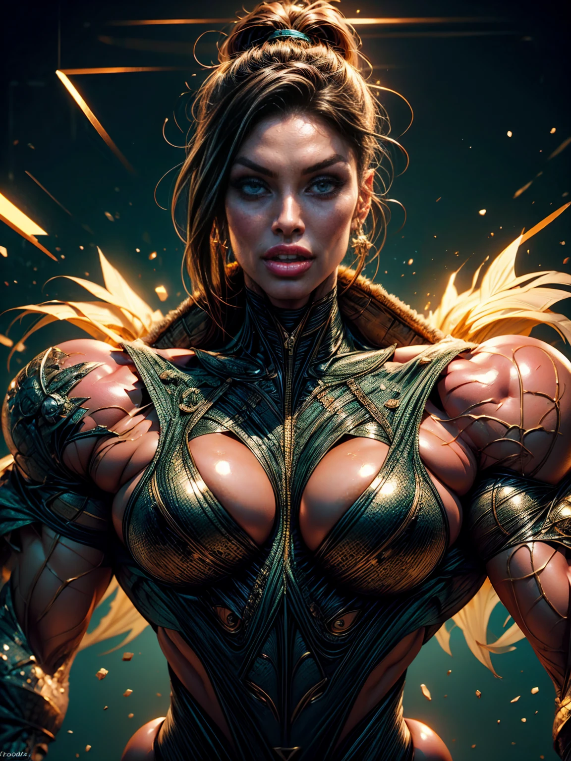 Cinematic, clear facial features and insanely detailed, it captures the essence of a muscular female bodybuilder (Megan Fox) with breathtaking beauty. The color grading is beautifully done, enhancing the overall cinematic feel. Unreal Engine brings her to life, her appearance even more mesmerizing. With the use of depth of field (DOF), every detail is focused and accentuated, drawing attention to her eyes and hair. The image resolution is at its peak, utilizing super-resolution technology to ensure every pixel is perfect. Cinematic lighting enhances her aura, while anti-aliasing techniques like FXAA and TXAA keep the edges smooth and clean. Adding realism to the muscular female bodybuilder, RTX technology enables ray tracing, it look as if it's actually there. Additionally, SSAO (Screen Space Ambient Occlusion) gives depth and realism to the scene, the girl's presence even more convincing. In the post-processing and post-production stages, tone mapping enhances the colors, creating a captivating visual experience. The integration of CGI (Computer-Generated Imagery) and VFX (Visual Effectrings out her muscular features in a seamless manner. SFX (Sound Effects) complement the visual artistry, immersing the viewer further into this fantastic world. The level of detail is awe-inspiring, with intricate elements meticulously crafted, the artwork hyper maximalist and hyper-realistic. Volumetric effects add depth and dimension, and the photorealism is unparalleled. The image is rendered in 8K resolution, ensuring super-detailed visuals. The volumetric lightning adds a touch of magic, highlighting her beauty and aura in an otherworldly way. High Dynamic Range (HDR) technology makes the colors pop, adding richness to the overall composition. Ultimately, this artwork presents an unreal, yet stunningly real portrayal of an incredibly beautiful girl. The sharp focus ensures that every feature is crisply defined, leaving the audience captivated by her presence. --v testp