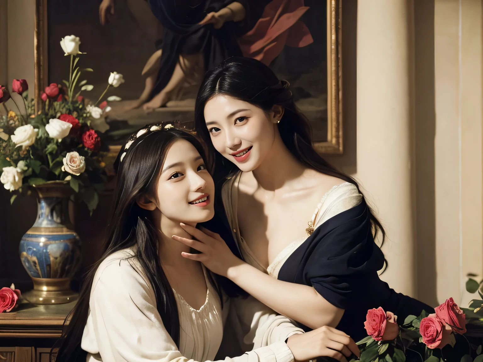 Giorgione painting style,Arguments of two female Philosophe,math、astronomical machine、astronaut、roses in vase、fruits、Cute trinkets、smile、ancient greek costume、Ancient Roman landscape in the style of Nicolas Poussin,laughter,,Sweet and seductive appearance.、Caravaggio's paintings、Chiaroscuro of Caravaggio、hair tousled by the wind,Two women frolicking,cute smile, expression of ecstasy,Sexy,erotic