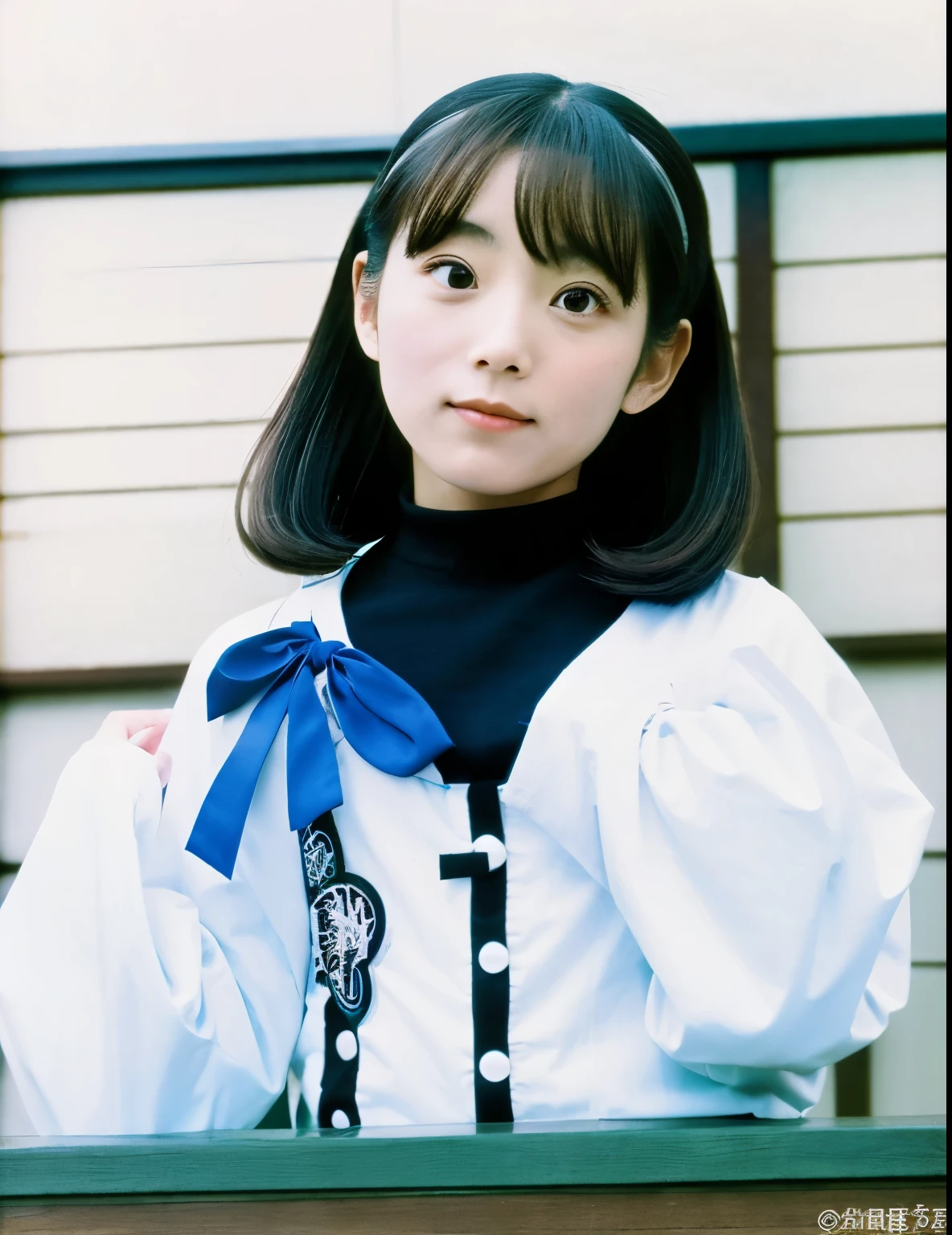 Adult japanese female wearing long-sleeved shirt. She is extremely tiny stature. Her looks like association ball. 1964. Japan, Kashihara. color slide film.