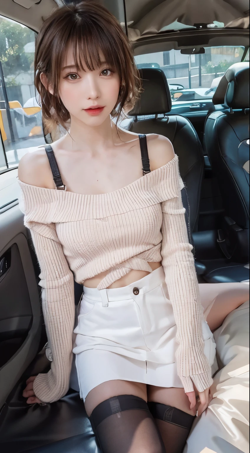 highest quality, realistic , 8K, High resolution, 1 girl, woman, (medium breasts: 1.8), car interior, shoulder length knit, V-neck, skirt up, showing legs, Bend your knees and open your legs, slightly shorter hairstyle, stockings, diagonal angle, show your chest, chest exposure, No bra