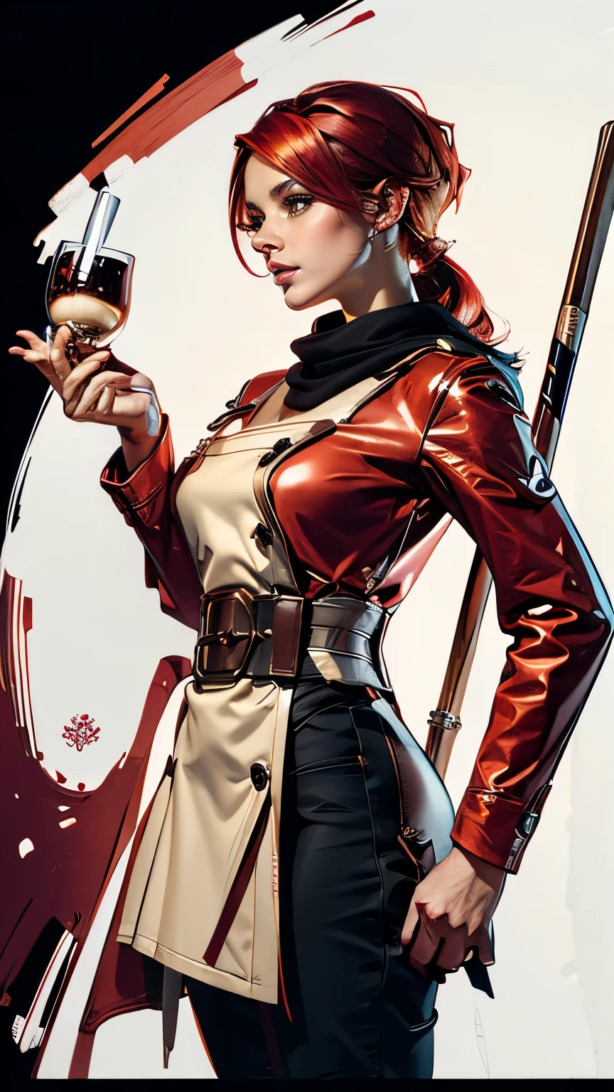 woman portrait art, modern hipster clothing, Red hair, character design, dnd character concept art, loose paint, White background, painterly illustration, very detailed, cartoon proportions, shiny straight hair, creative