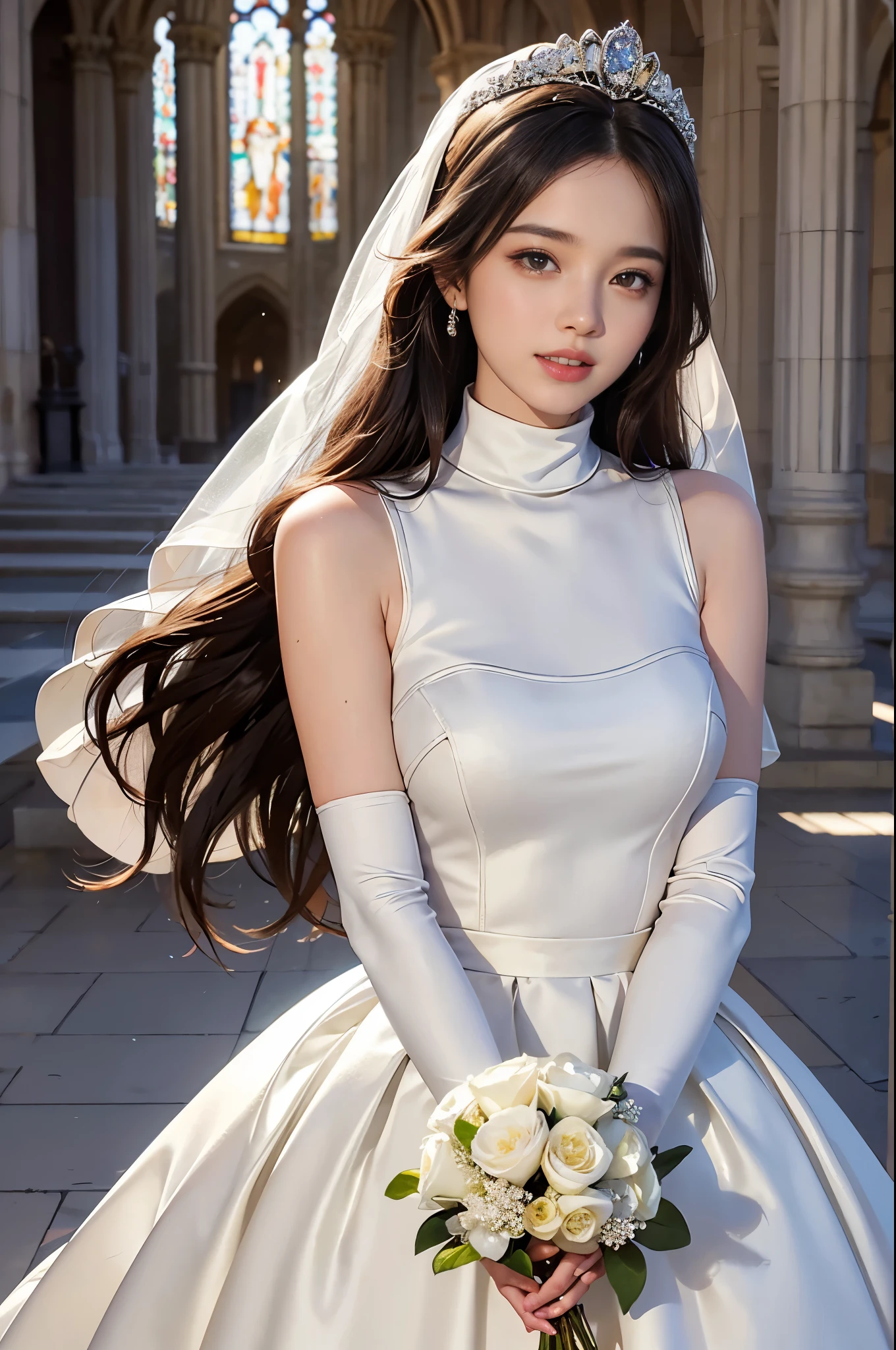 best quality, masterpiece, 1 girl, huge laugh, cute , shiny lips, sweet, sun glare, Conservative attire, turtleneck wedding dress, bridal tiara, depth of field, blurred background, Cathedral Background, light particles, strong wind, head tilt, long hair,