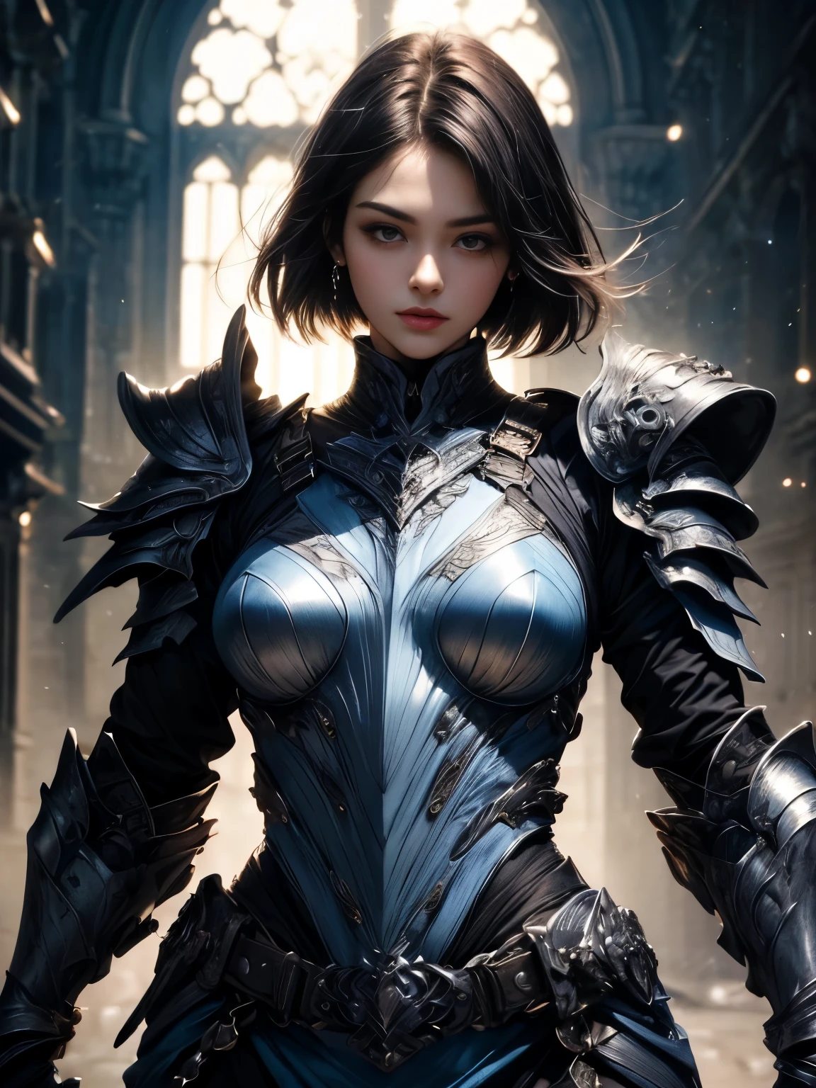 (((Best Quality))), ((Ultra-detailed)), (extremely detailed photo), ((extremely delicate and beautiful)),(Cute delicate face), ((masterpiece)), perfect anatomy, intricate, (highly detailed), masterpiece, photorealistic, (Tall and cool ish girl),(indigo and black armor:1.3), ((Castle Town)) ,(upper body),(holding glowing sword),alone,(black hair and short hair),(dynamic pose:1.5), looking at viewer, double eyelid,delicate skin,slender body shape