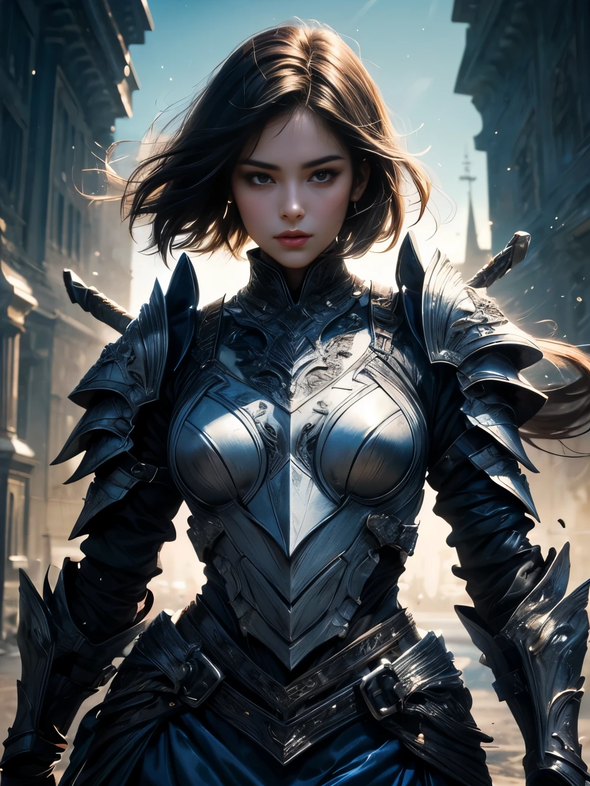 (((Best Quality))), ((Ultra-detailed)), (extremely detailed photo), ((extremely delicate and beautiful)),(Cute delicate face), ((masterpiece)), perfect anatomy, intricate, (highly detailed), masterpiece, photorealistic, (Tall and cool 16 year old boyish girl),(indigo and black armor:1.3), ((Castle Town)) ,(upper body),(holding glowing sword),alone,(black hair and short hair),(dynamic pose:1.5), looking at viewer, double eyelid,delicate skin,slender body shape