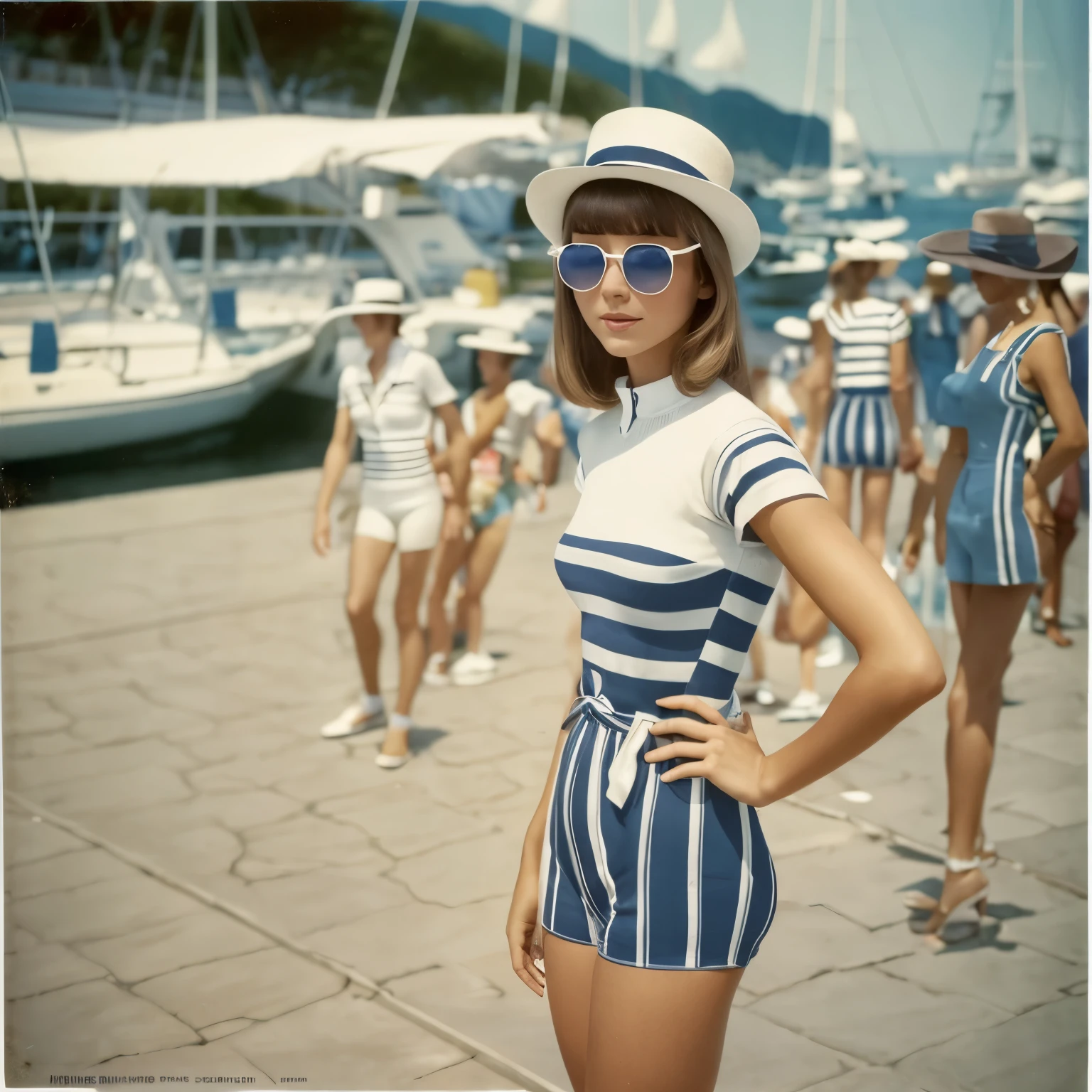 Magnifique jeune femme, en maillot une pièce blanc avec des rayures bleu-marine, vintage, 1970, petits seins, corps parfait, largr chapeau blanc, lunettes de soleil, made up