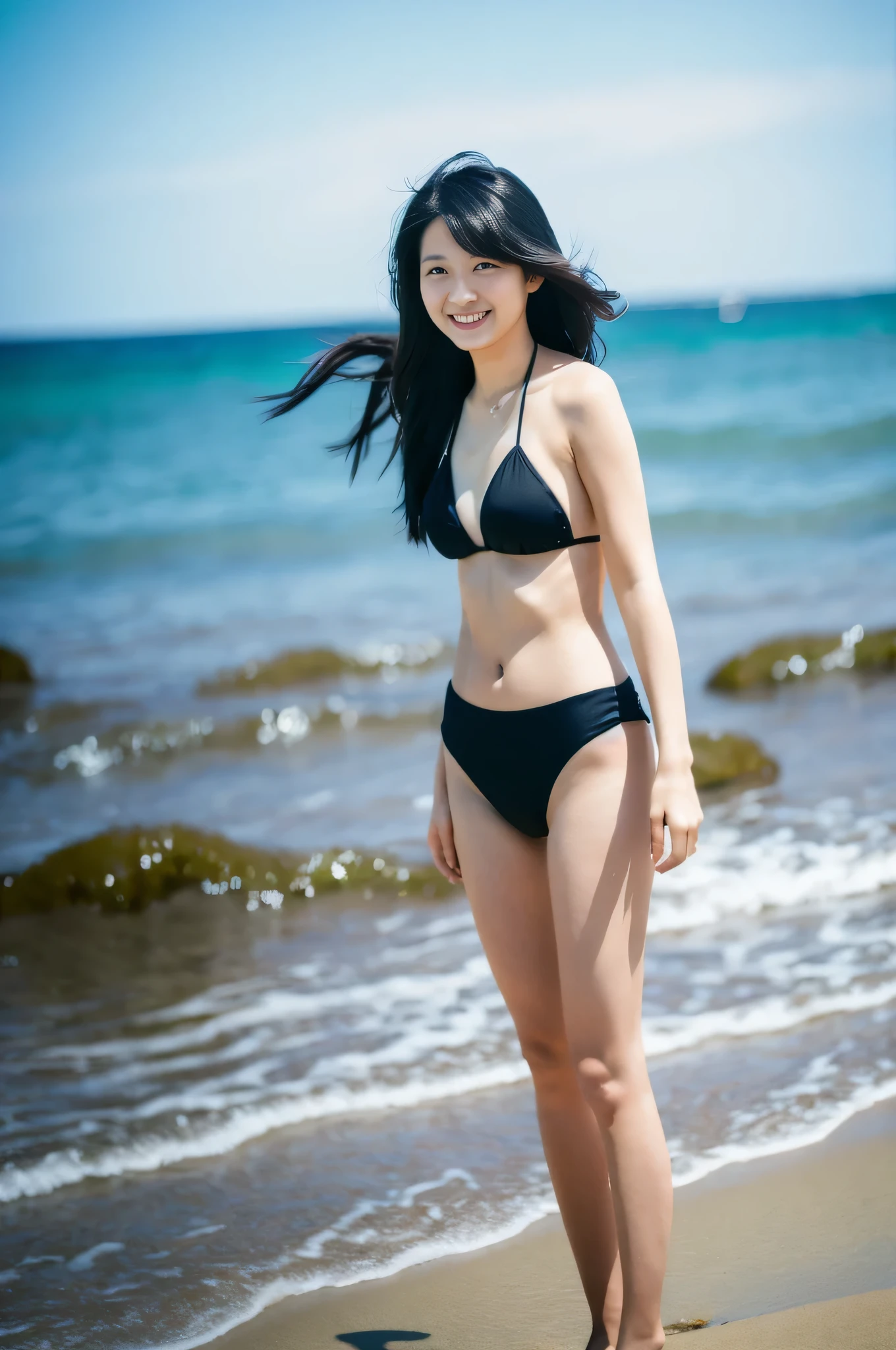 highest quality,masterpiece,32k,realistic,incredibly absurd,Depth of the bounds written、blur background、professional lighting,cinematic lighting,full body,thin,きれいなDay本人女性,25 year old girl,standing posture,beach,Wind,Day,nice weather,long hair,black hair,bikini,smile,