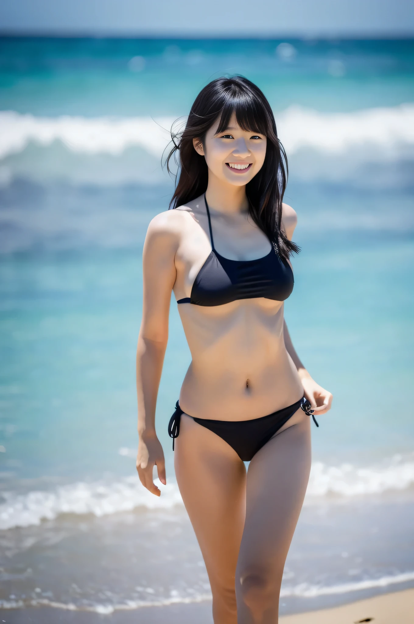 highest quality,masterpiece,32k,realistic,incredibly absurd,Depth of the bounds written、blur background、professional lighting,cinematic lighting,full body,thin,きれいなDay本人女性,25 year old girl,standing posture,beach,Wind,Day,nice weather,long hair,black hair,bikini,smile,