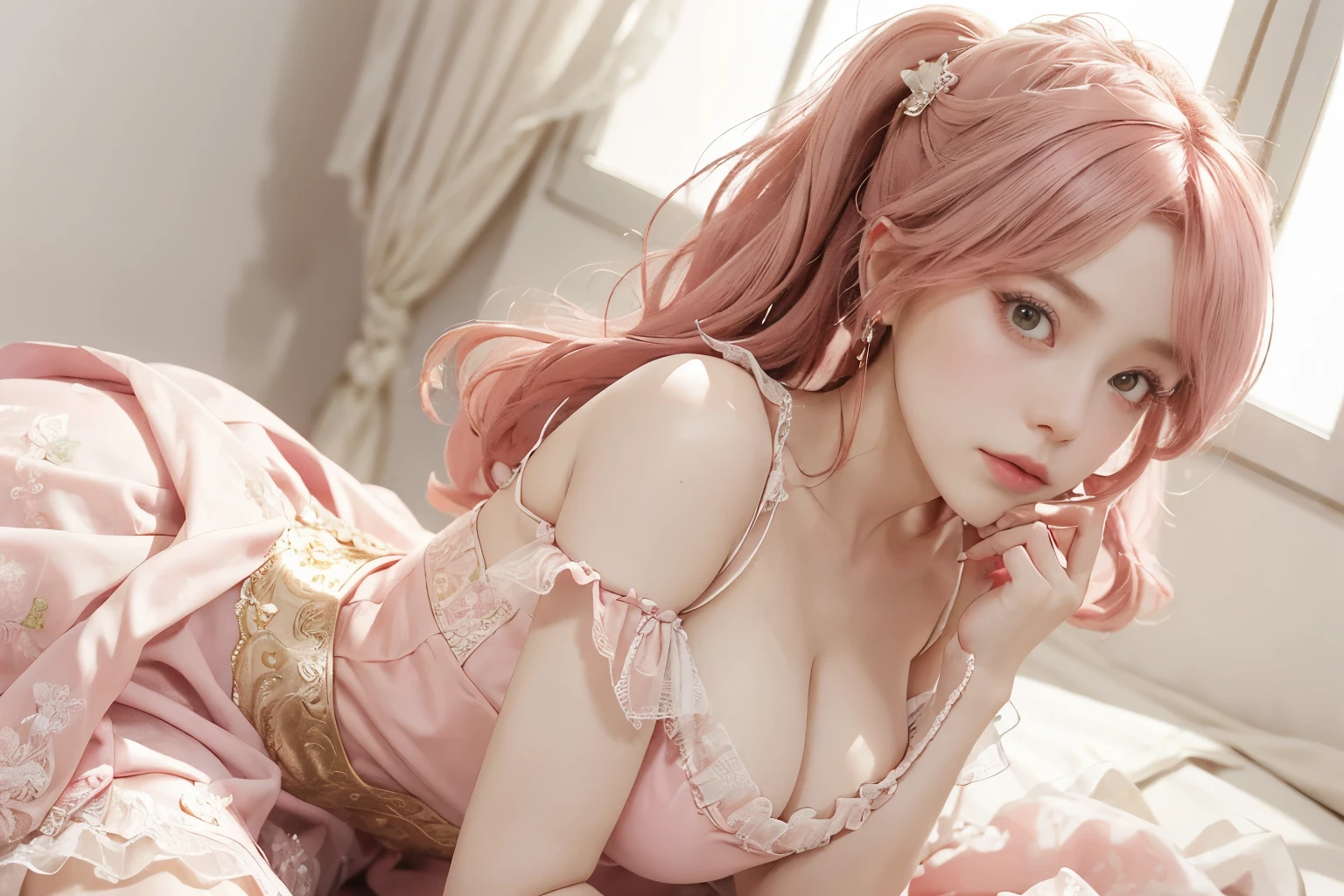 A super delicate and cute girl with pink hair wearing a Lolita dress, Detailed and luxurious lolita dress, Dress with rose motif, The hem of the dress is wide open, The hem is fluttering, big eyes, golden ratio body with big breasts, perfect anatomy. 8k ultra high resolution, delicate texture, pure white background, fascinating look, 