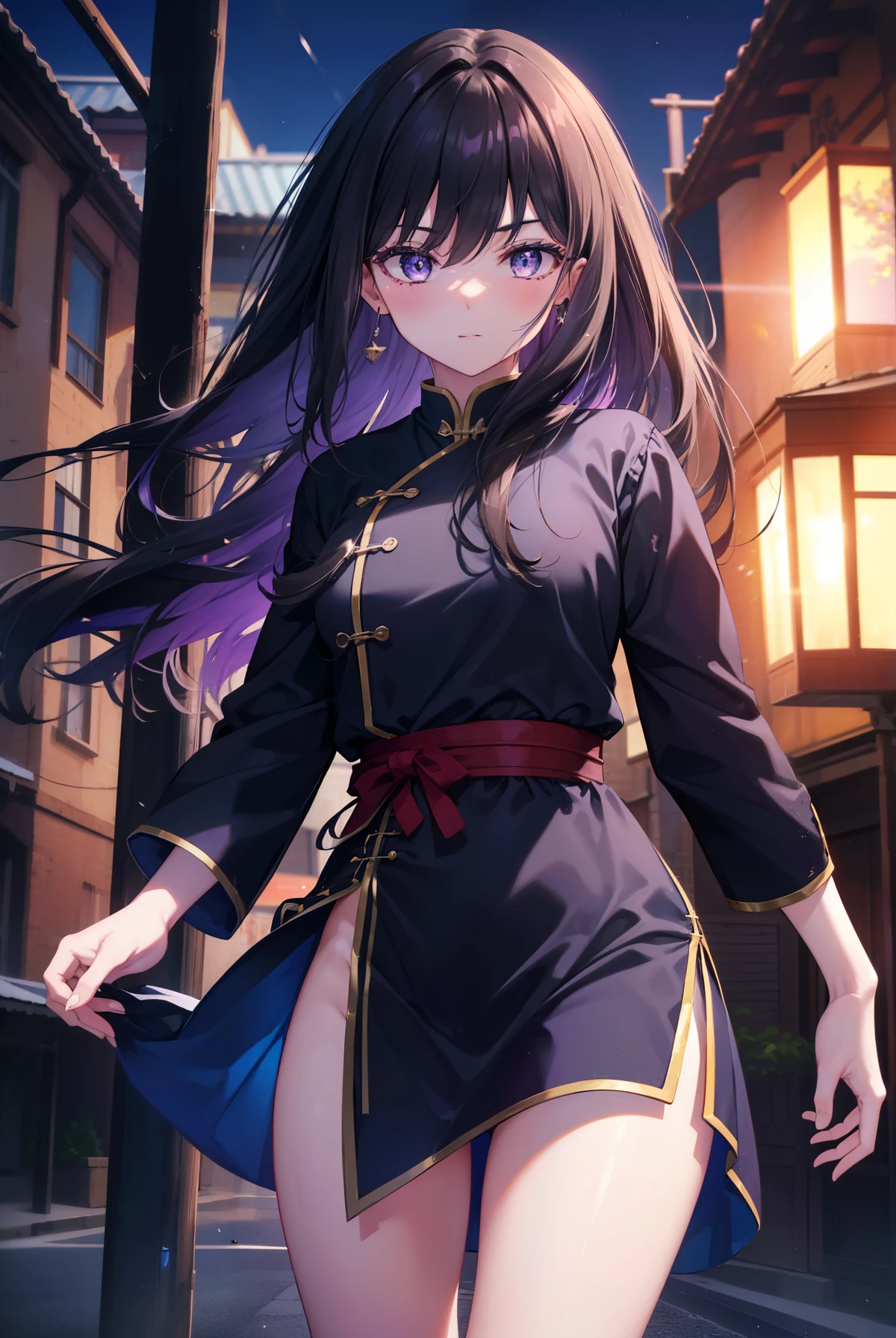 Takiuchi Kame, check it out, long hair, bangs, black hair, (purple eyes:1.2),serious,smile,blush,open your mouth,blue cheongsam,blue china slit,black pantyhose,stiletto heels,
break outdoors, In town、路地裏
break looking at viewer, (cowboy shot:1.5),
break (masterpiece:1.2), highest quality, High resolution, unity 8k wallpaper, (figure:0.8), (detailed and beautiful eyes:1.6), highly detailed face, perfect lighting, Very detailed CG, (perfect hands, perfect anatomy),