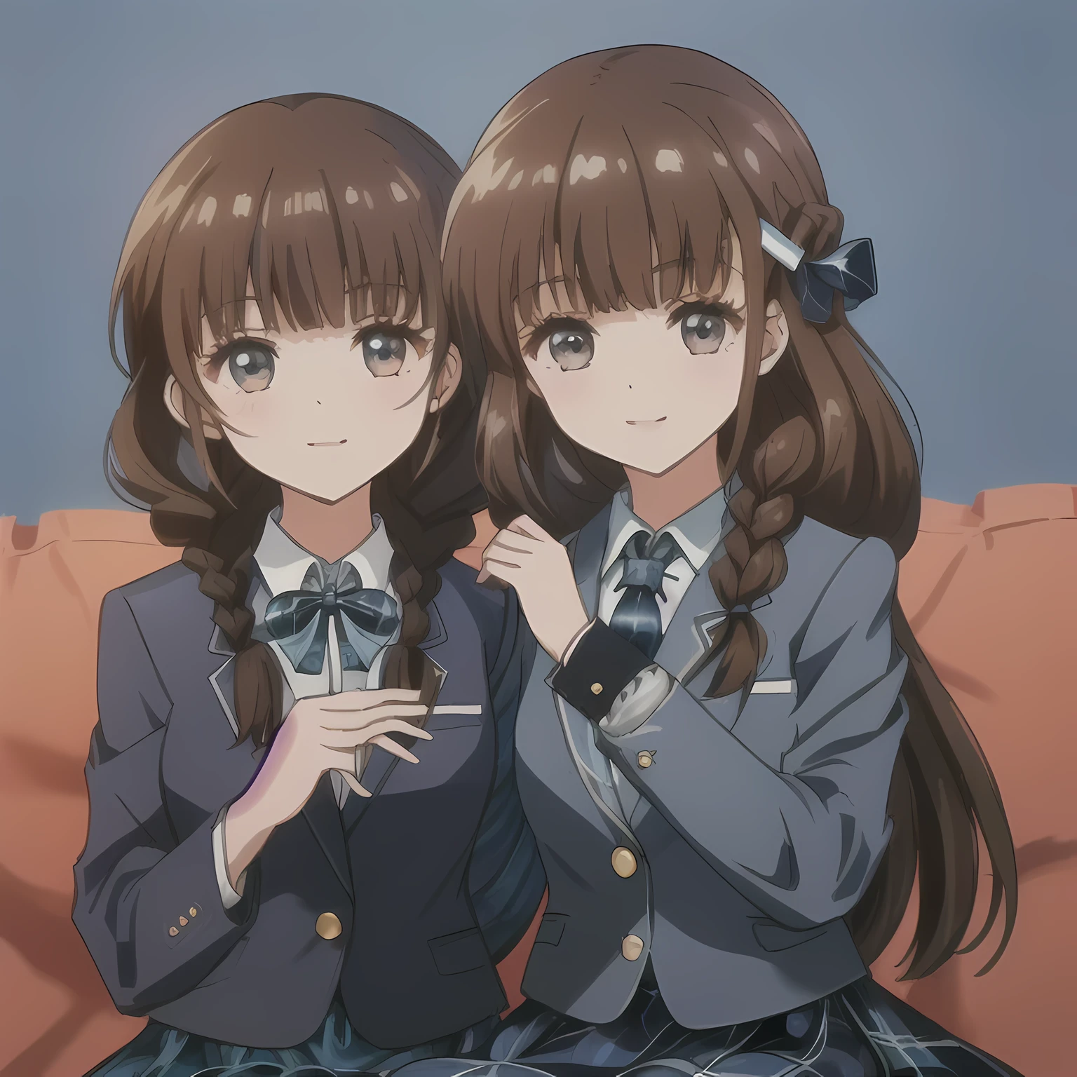 highest quality, (masterpiece:1.2), very detailed, Very beautiful portrait, amazing digital paintings, Only one girl sitting、Looking at the viewer and smiling, Glossy lips that make you want to kiss, nice smile, big brown eyes, (((dark brown hair))), , long braids, big shiny hair clip, , ((((濃紺 blue blue school blazer with emblem))), ((Japanese-style school ribbon with a large navy blue stripe on the chest)), very shiny hair、laughter、bright look、Both face and hair catch the light and shine, The corners of the eyes are drooping, Cute braids, The expression of a maiden in love, (((Dark brown tightly braided hairstyle))), ((((dark dark blue blue & Deep navy navy color tartan check middle long skirt)))), A gentle and cute expression staring at the viewer, double eyelid, ((long eyelashes)), round face, the skirt is very cute,