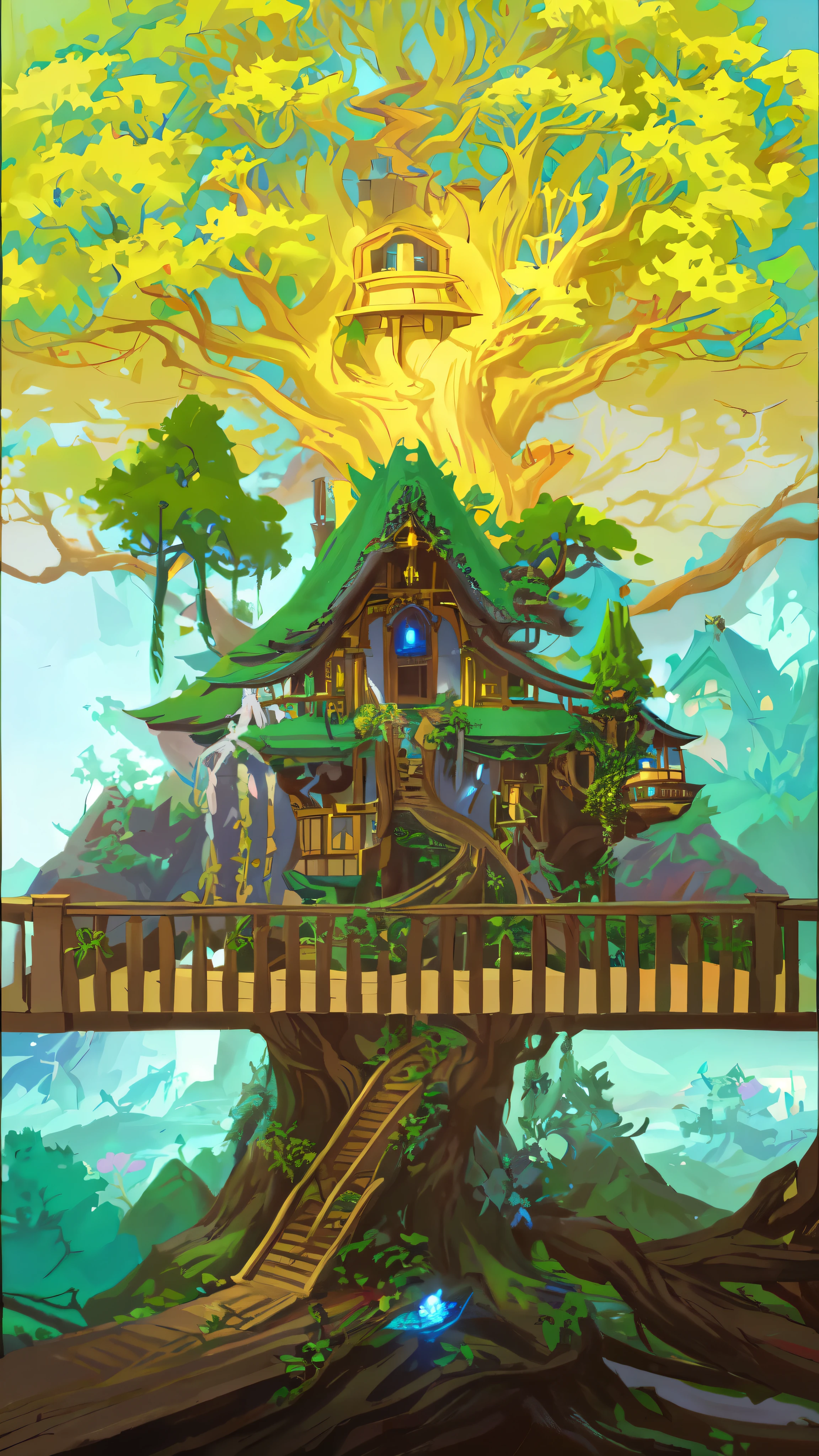 photo of a tree house with a bridge and a waterfall, fantastic house, fairy kingdom forest, House of the Elves, background art, stylized concept art, children'creativity in ArtStation, fairy tale style background, Fantasy tavern background, colorful concept art, enchanted magical fantasy forest, faery palace, magical fantasy 2d concept art, background artwork, magical environment, Cozy Magic Stage