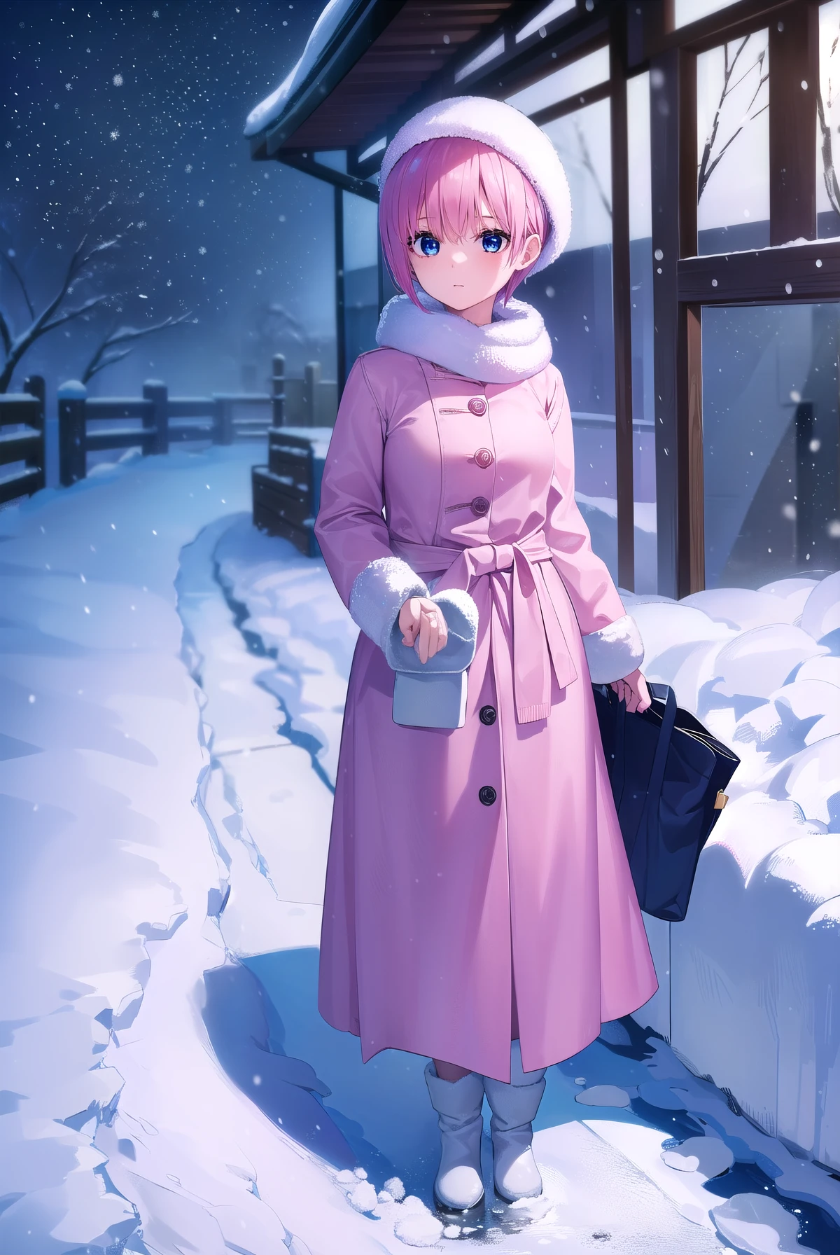 ichikanakano, ichika nakano, short hair, bangs, blue eyes, hair between eyes, pink hair,knit hat,Yellow coat,white scarf,white sweater,fluffy gloves,long skirt,short boots,It's snowing,snow is falling,winter,cold sky,月
break looking at viewer, whole body, Upper body,
break indoors, classroom,
break (masterpiece:1.2), highest quality, High resolution, unity 8k wallpaper, (figure:0.8), (detailed and beautiful eyes:1.6), highly detailed face, perfect lighting, Very detailed CG, (perfect hands, perfect anatomy),