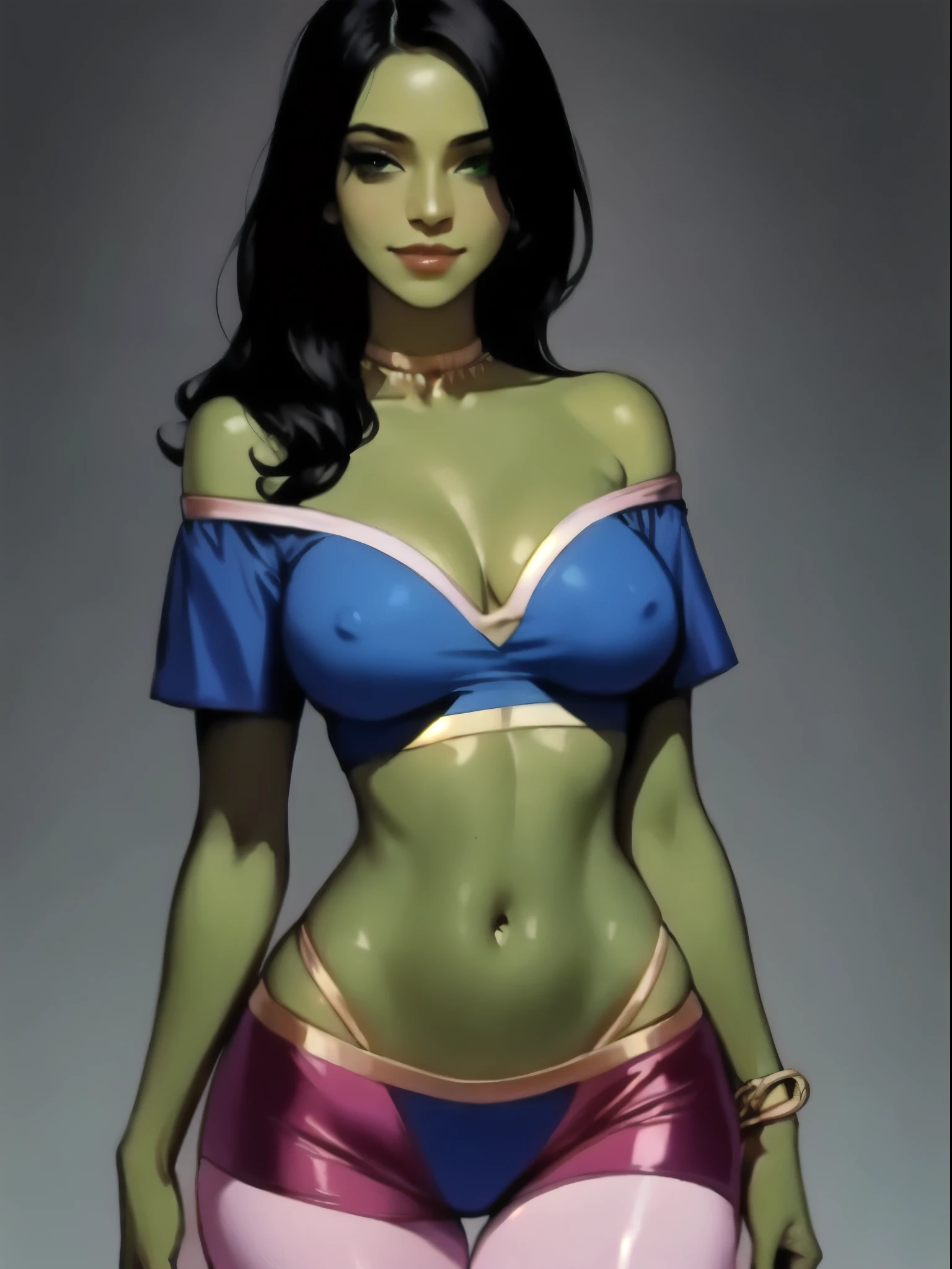 desiree_danny_phantom,solo,long_black_hair,(hair_covering_one_eye:1.2),(green_skin:1.3),thigh_gap BREAK [SEP],
bare_shoulder,sleeves_off_shoulder,light_blue_tubetop,ornate_light_blue_tubetop BREAK [SEP],
(veloptuous, revealed cleavage,exposed large breasts,navel,colarbone,covered nipples:1.1) BREAK [SEP],
(ambient lighting:1.1),(ultra realistic,32k,RAW photo:1.1),(high detailed skin:1.1),8k uhd,dslr BREAK [SEP],
high quality,film grain,(shiny glossy translucent clothing:1.1) BREAK [SEP],
full shot,looking at viewer seductively,flirty smile,hand under chin,naughty face,simple background,(insanely detailed,best quality,masterpiece,photorealistic:1.3),