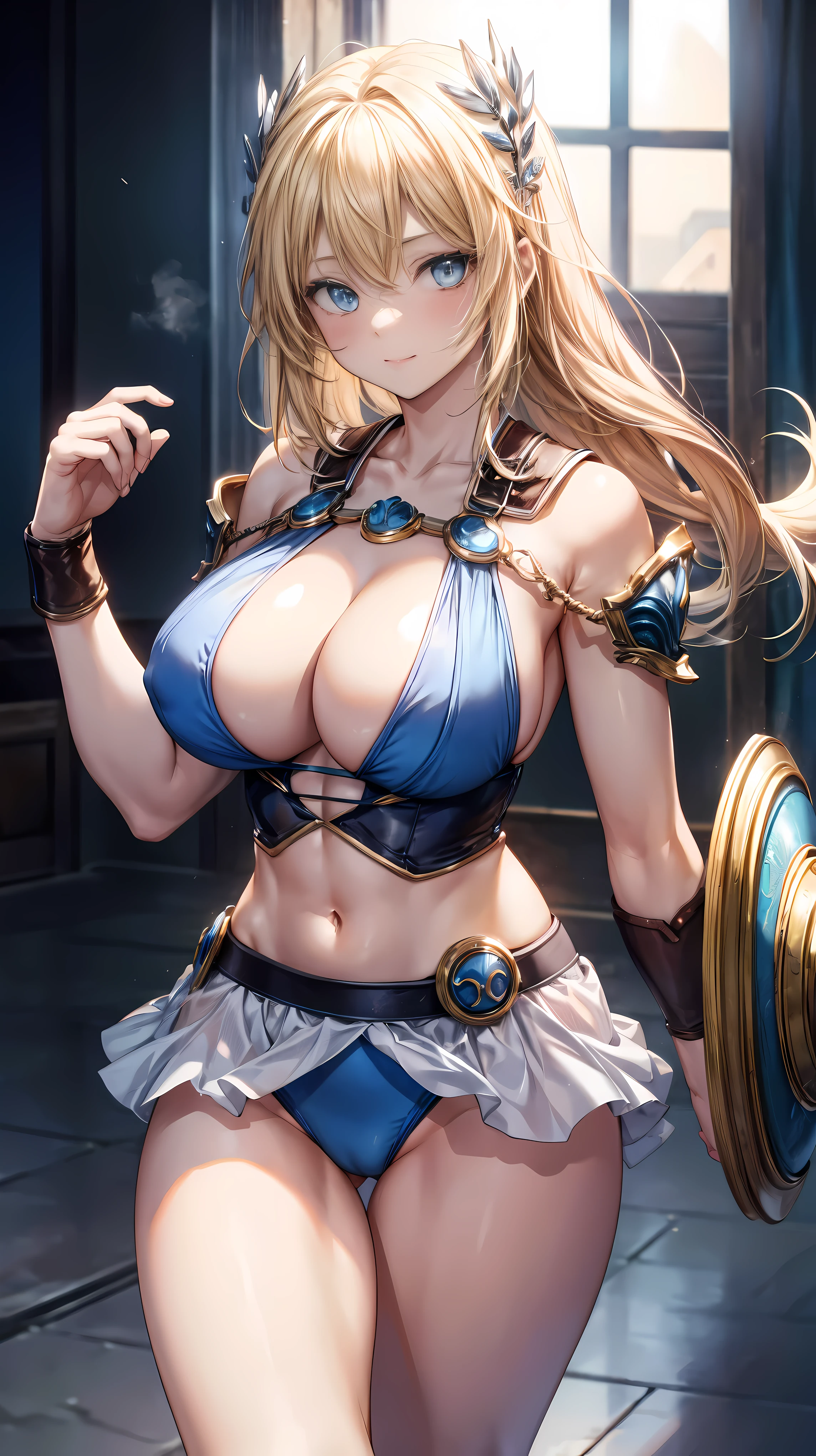sensual, long blonde hair, thick thighs, 8K, 4k, highest quality, (High resolution:1.6), cute anime face, noise reduction, shining blue eyes, gentle smile, kind eyes、toned abdominal muscles, muscular arms, muscular legs, young face, anime eyes, Sophitia Alexandra、Have a sword and shield、(SFW huge body)