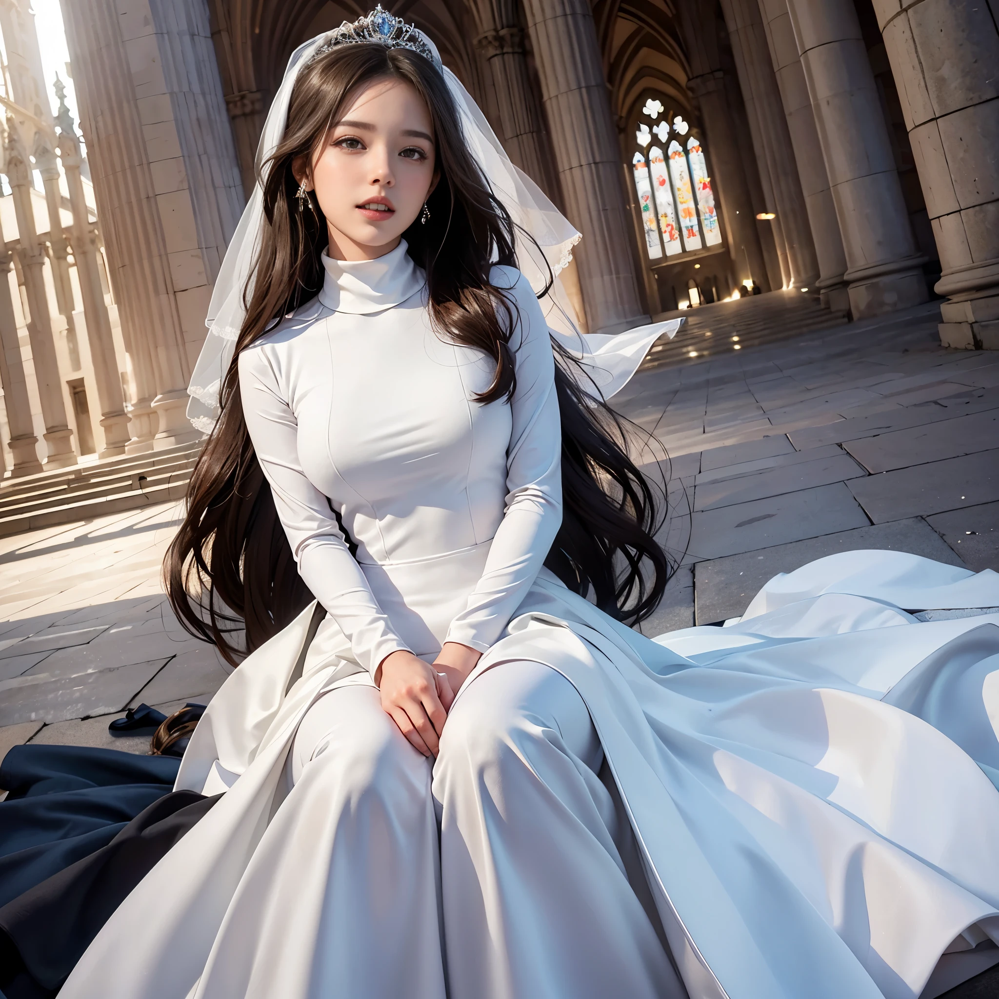 best quality, masterpiece, please let her sit down, 1 girl, huge laugh, cute teen, shiny lips, sweet, sun glare, Conservative attire, turtleneck wedding dress, bridal tiara, depth of field, blurred background, Cathedral Background, light particles, strong wind, head tilt, long hair, 