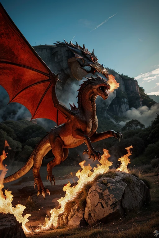paisagem exuberante estilo medieval, dragon in the background breathing fire