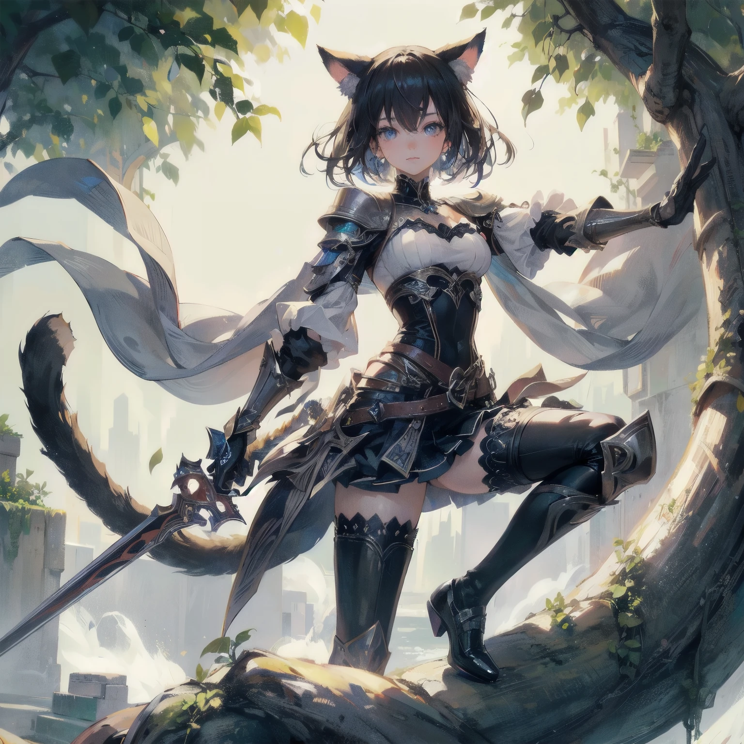 high quality,hd,16k,sharp line,1girl,cat ears,cat tail ,cute face, large breasts ,nice legs,,focus girl,detailed beautiful face,detailed clothes,beautiful eyes,sexy,dynamic angle