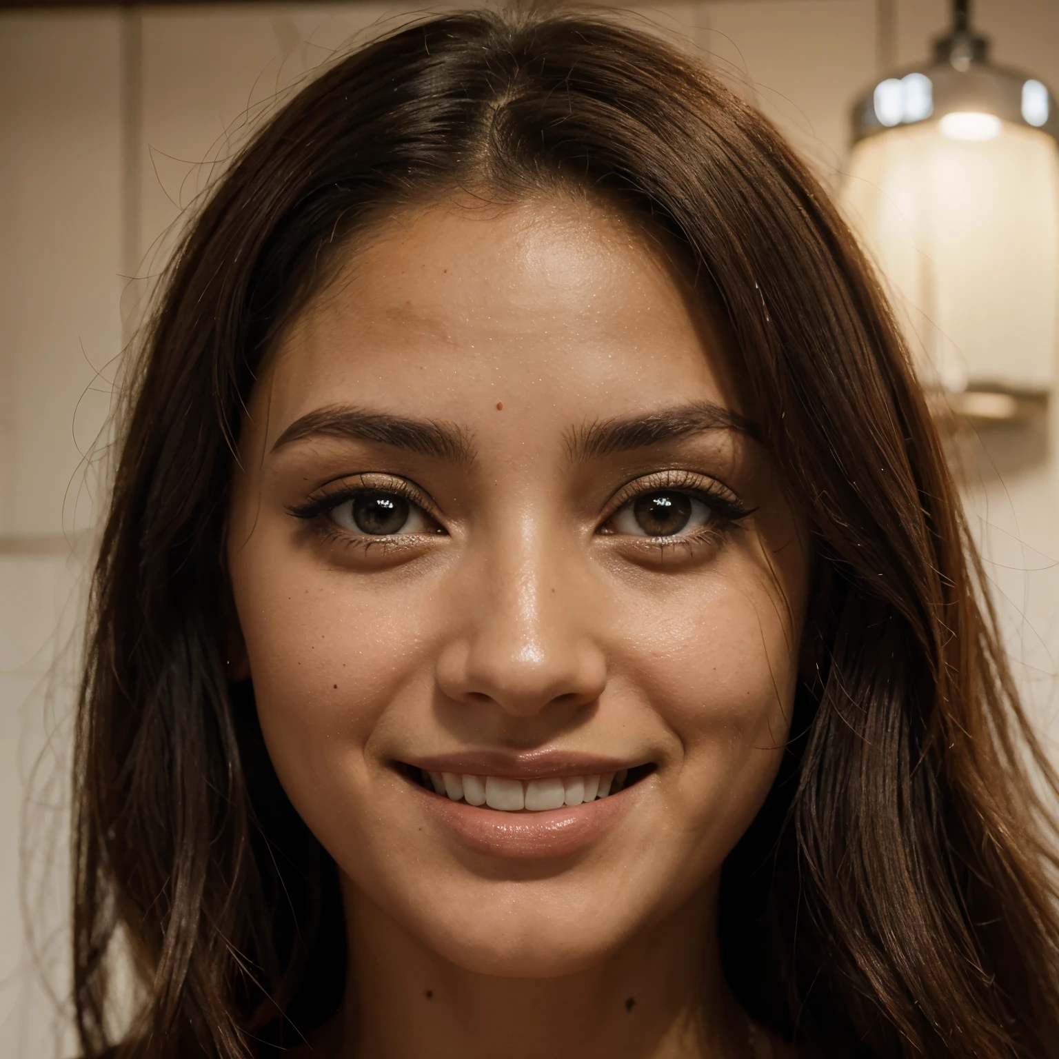 Garota, olhos escuros, pele morena, cabelo cacheado, alegre e sorridente