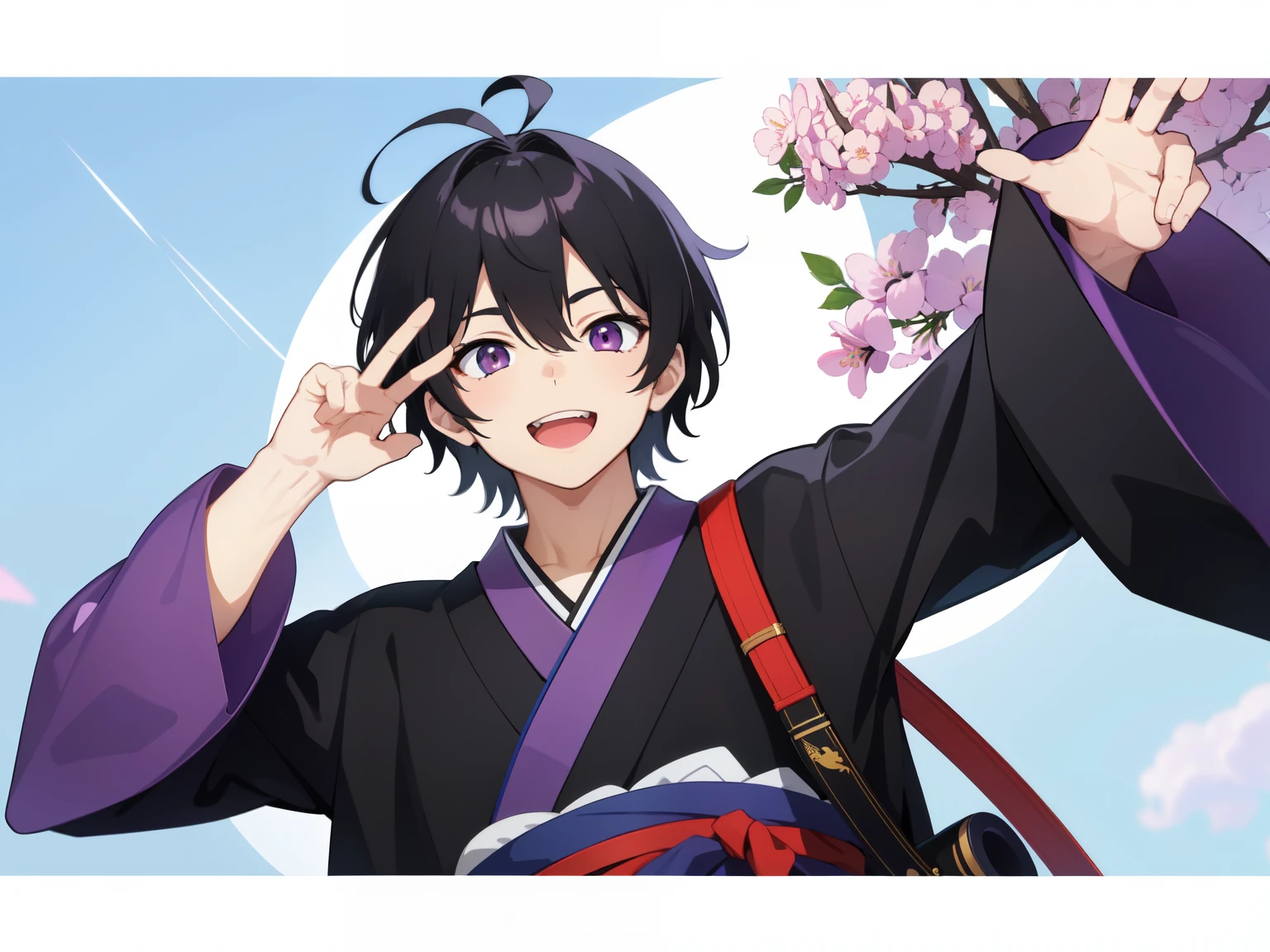 looking at the viewer, simple background、white background, 1 man, open your mouth, smile, Virtual YouTuber、((highest quality, expensive_solve, clear_image)),(black hair), (Ahoge), (ridiculously short hair), (purple eyes),、laughter、((concept art))、((front))、((Men))、random pose、Dressed in kimono
