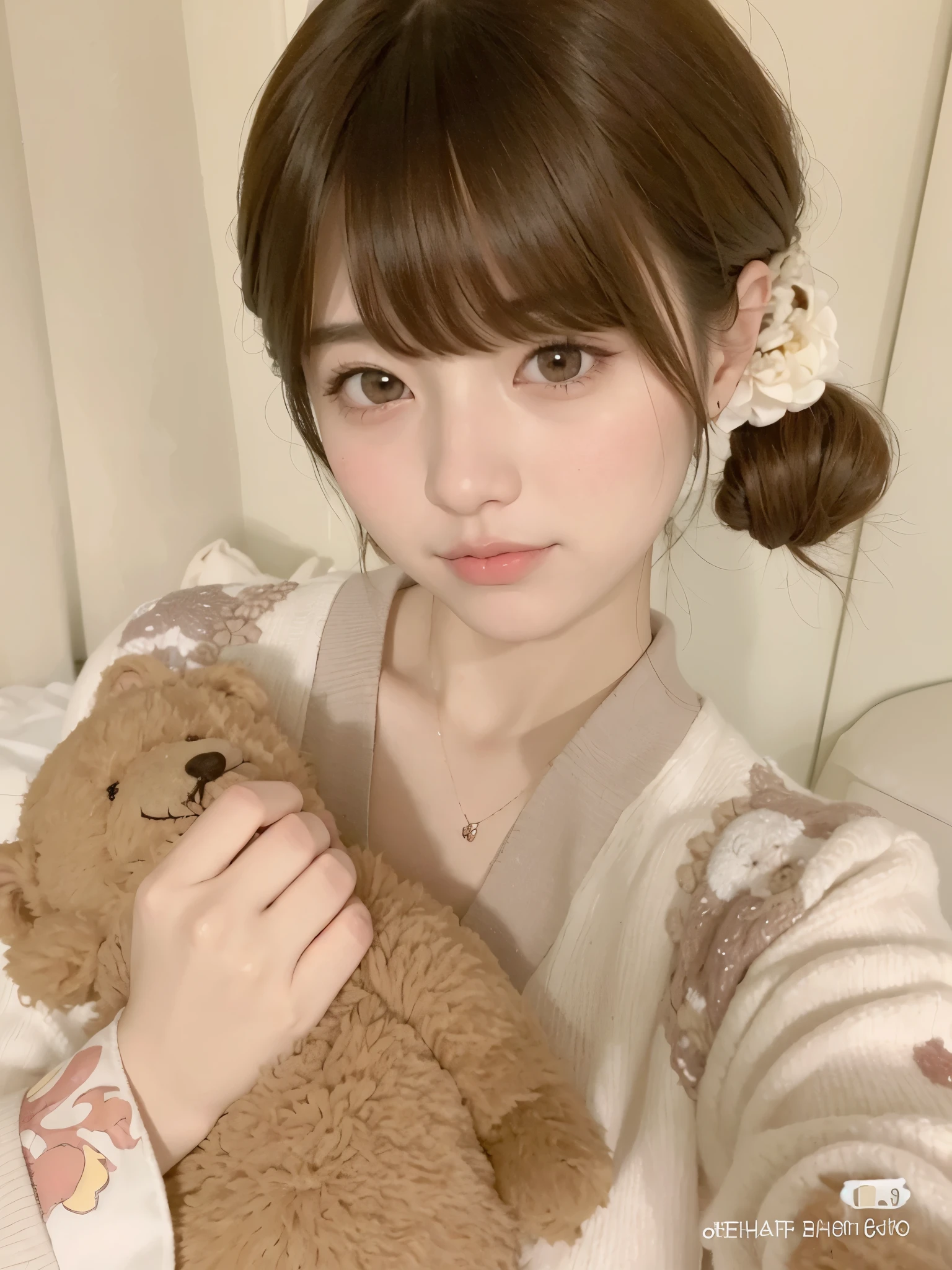 there is a holding a teddy bear in her arms, chiho, shikami, Yoshitomo Nara, Bestia, chica linda-cara-fina, con cara linda - fina, linda chica kawaii, linda cara de anime natural, hermosa cara de chicas japonesas, sakimi-chan, sakimichan