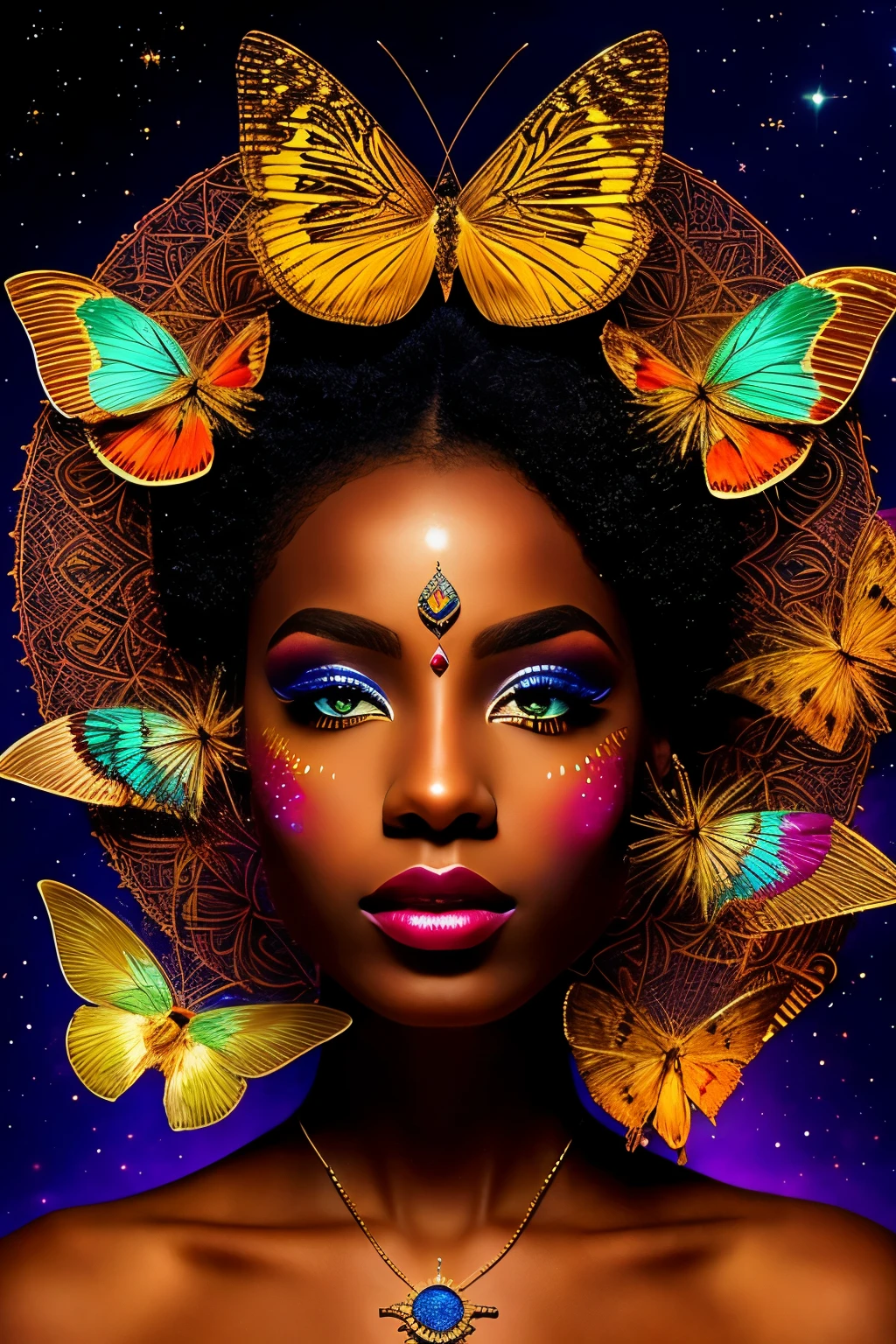 A captivating surreal photography album cover featuring an otherworldly African black woman surrounded by an array of vibrant, colorful moths. The woman, adorned with intricate tribal markings and wearing traditional attire, emanates an aura of mystery and elegance. Her piercing, golden eyes gleam under the soft, ethereal moonlight, casting an enchanting spell that draws the viewer in. The background is a mesmerizing scene of a tranquil moonlit night, with a large triangular moon and a star-studded sky adorned with twinkling stars. The overall color palette of the image is rich and diverse, with the woman's