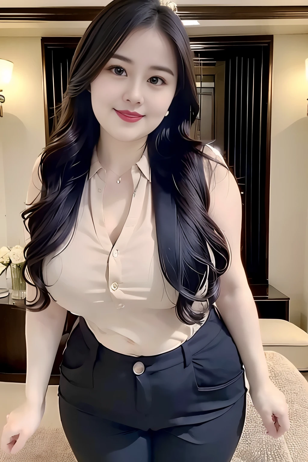 ((top quality、8k、masterpiece:1.3))、sharp focus, High level of image quality, high resolution，Draw lips correctly, red lipstick, from chest up, best quality, Super detailed, lifelike, Super fine skin, perfect anatomy, (Chinese women), (alone)shirt，Buttons clearly visible，The buttons are all buttoned，Pants，。40 year old female，adult，charming smile，Chubby face，Round cheeks，
，Fat face，Chubby round face，big eyes，wavy long hair，Big breasts，Chubby body，black shoes，Leg length，Calves visible，stand，stand up，indoor background