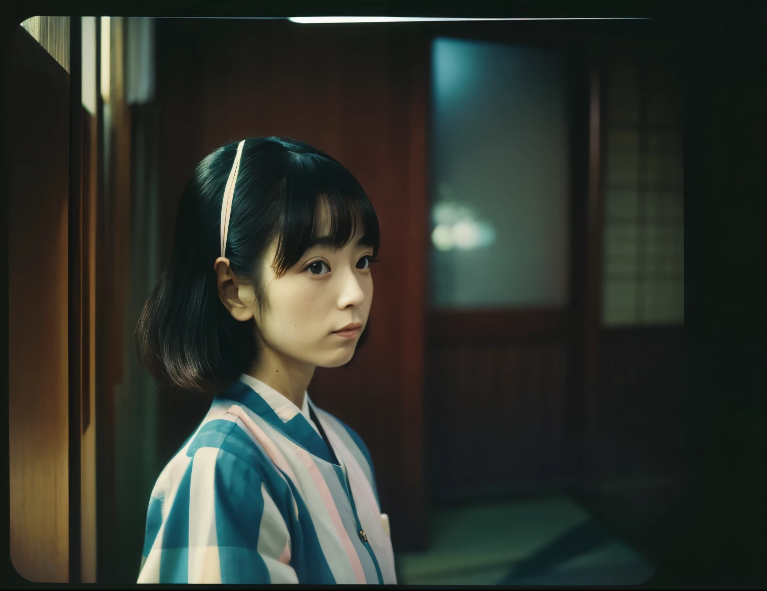 Adult japanese female wearing long-sleeved shirt. She is extremely tiny stature. Her looks like association ball. 1964. Japan, Kashihara. color slide film.
