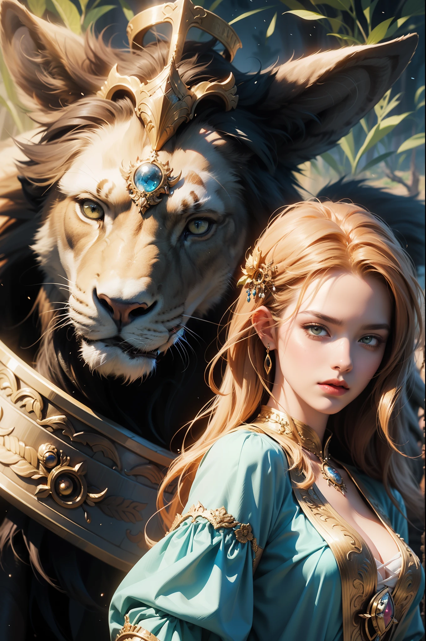 a close up of a woman with a lion on her shoulder, fantasy art style, detailed fantasy art, fantasy style art, epic fantasy art style hd, epic fantasy art style, detailed fantasy digital art, 4k fantasy art, realistic fantasy illustration, digital fantasy art ), gorgeous goddess of leo, beautiful fantasy art, fantasy art illustration, realistic fantasy artwork