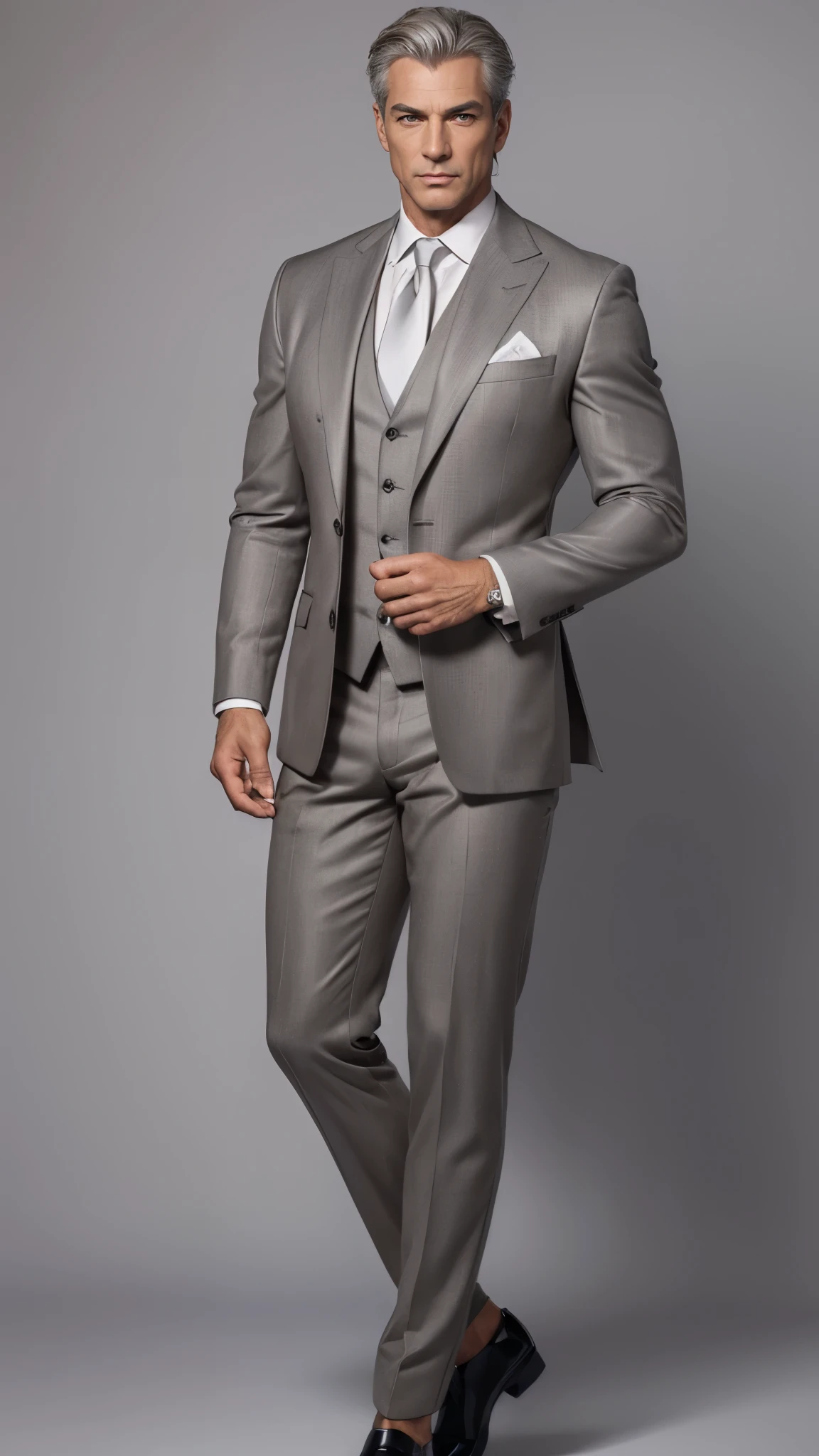 ((masterpiece,best quality,8k,highres)),((character concept art)), 1 male, mature male, billionaire, business tycoon, 60 years old, 185 cm height, (short grey hair), grey hair, (fair skin colour), ultra finely detailed eyes (brown eyes colour), lustful, evil, high sex drive, sugar daddy, perfect body build ((muscular)), ((intricate detail)), super finely detailed hands, ultra finely detailed fingers(((ten fingers))), wearing luxury business attire, (standing still), ((full body showcase)), (show full body), (no logos on background), (no logo), ((plain background)), ((plain background)), (((empty background)))