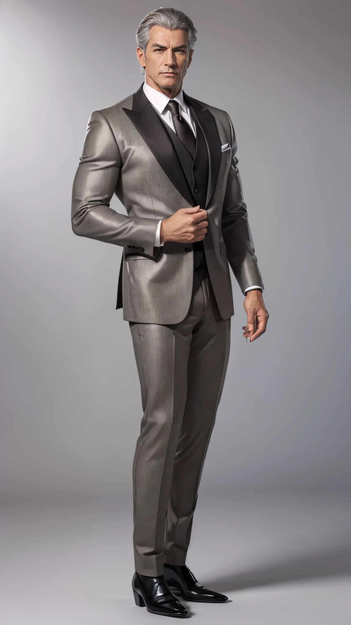 ((masterpiece,best quality,8k,highres)),((character concept art)), 1 male, mature male, billionaire, business tycoon, 60 years old, 185 cm height, (short grey hair), grey hair, (fair skin colour), ultra finely detailed eyes (brown eyes colour), lustful, evil, high sex drive, sugar daddy, perfect body build ((muscular)), ((intricate detail)), super finely detailed hands, ultra finely detailed fingers(((ten fingers))), wearing luxury business attire, (standing still), ((full body showcase)), (show full body), (no logos on background), (no logo), ((plain background)), ((plain background)), (((empty background)))