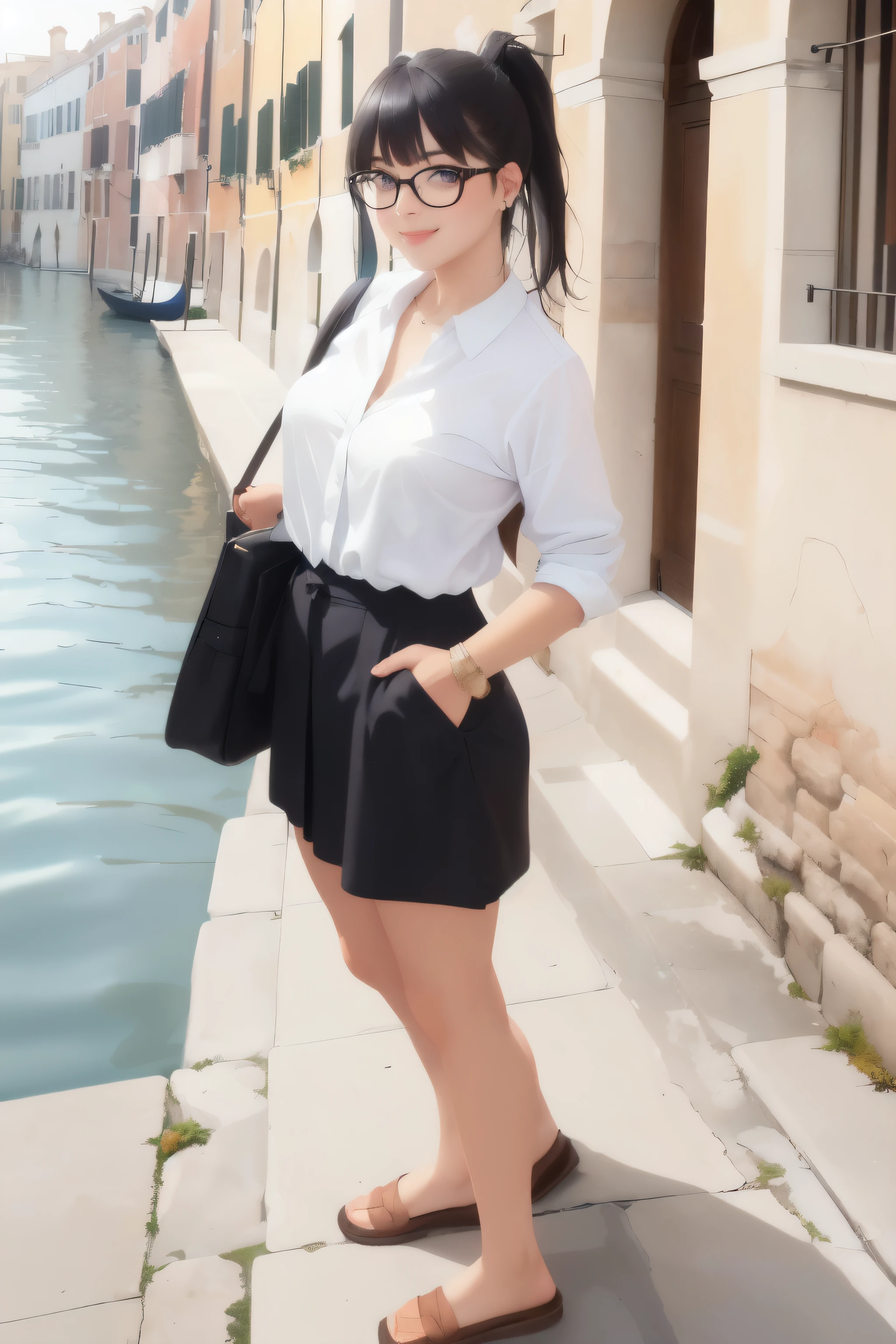 ((wide angle, full body)) beautiful female tourist, Black hair tied into a ponytail, smooth, wearing large glasses, smile at the corner of the mouth, ((Wearing a skull-style outfit)) morning light, Venice, italy